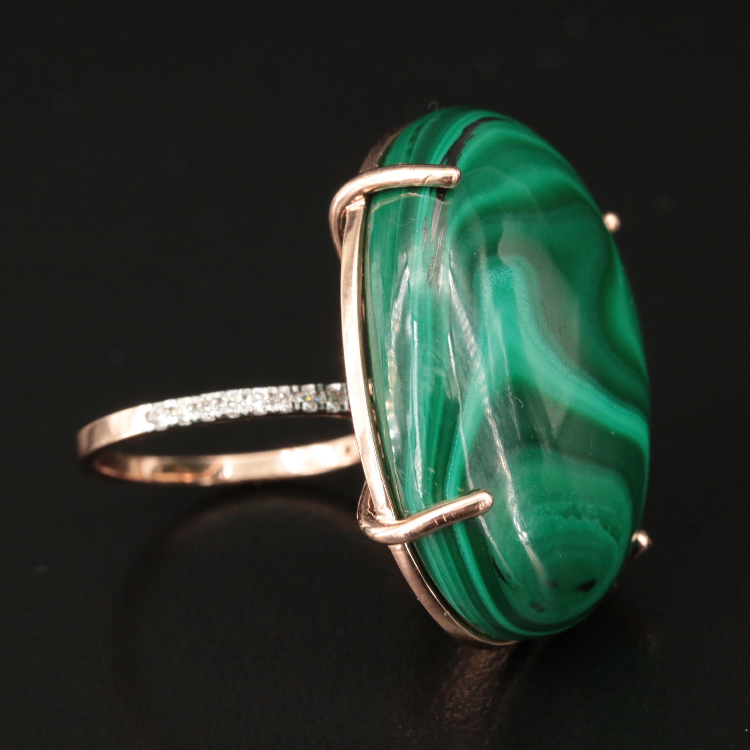 14K Rose Gold 58.50 CT Malachite and Diamond Ring