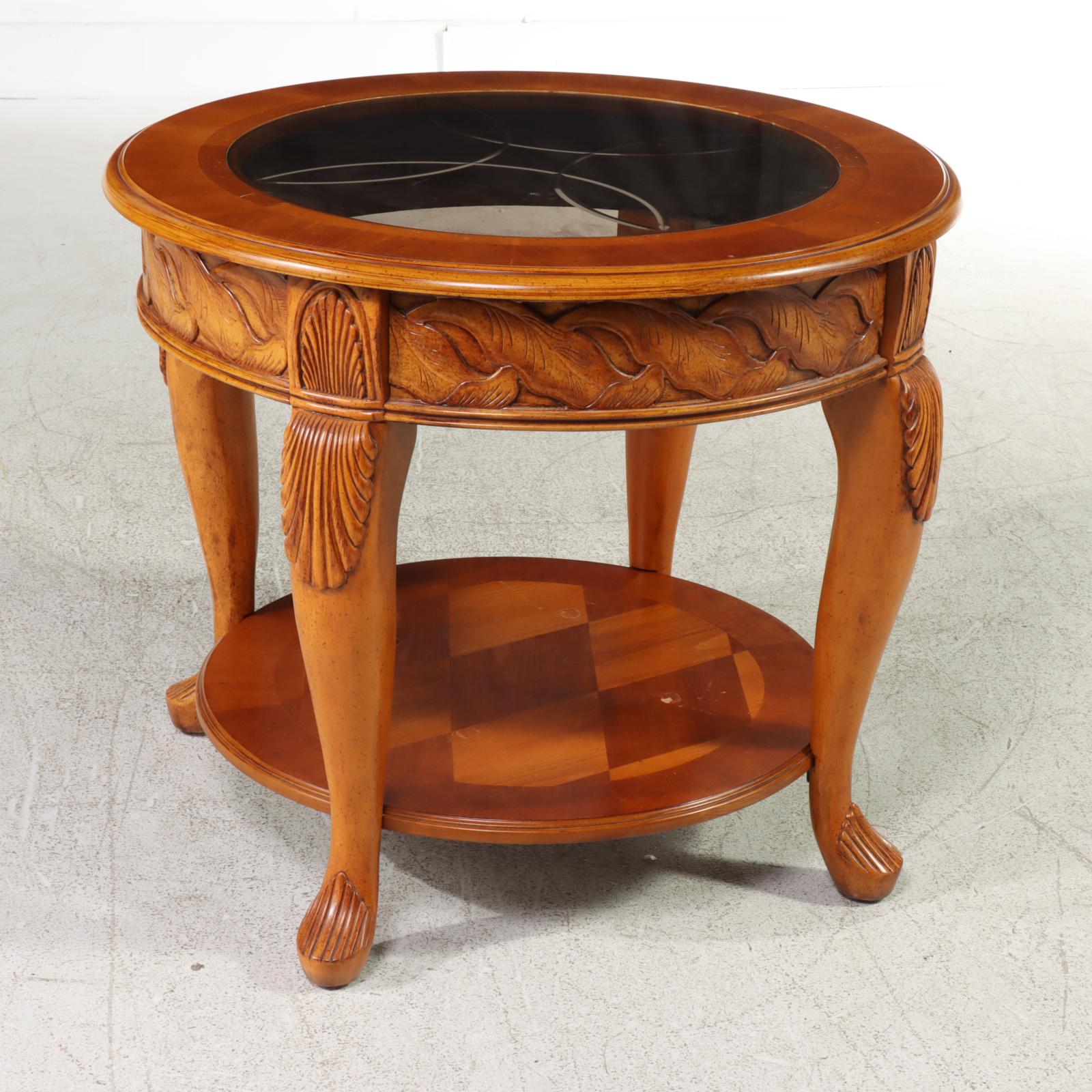 Queen Anne Style Parquetry and Glass Top Two-Tier Side Table
