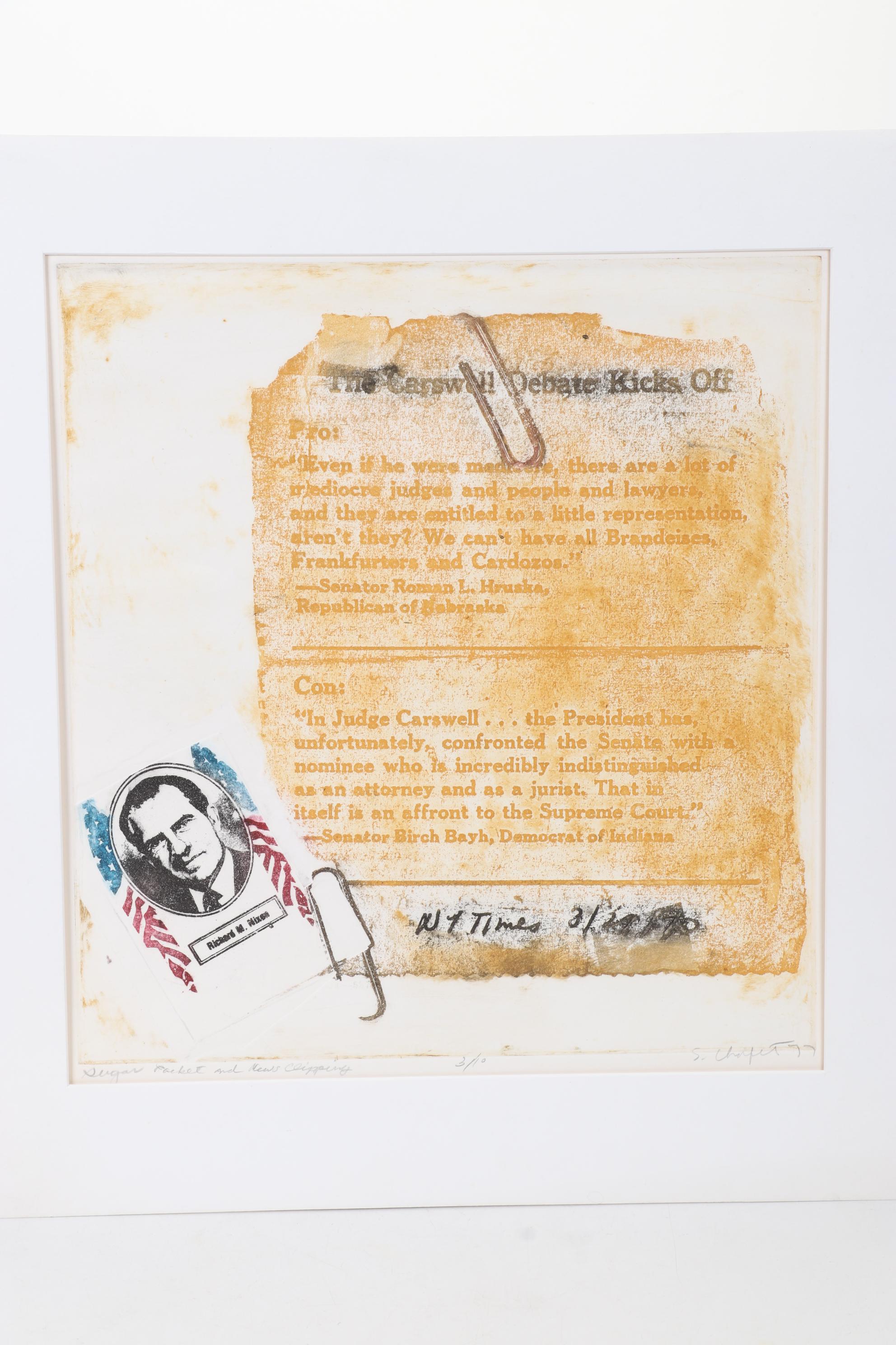 Sidney Chafetz Color Etching "Sugar Packet and News Clipping," 1977