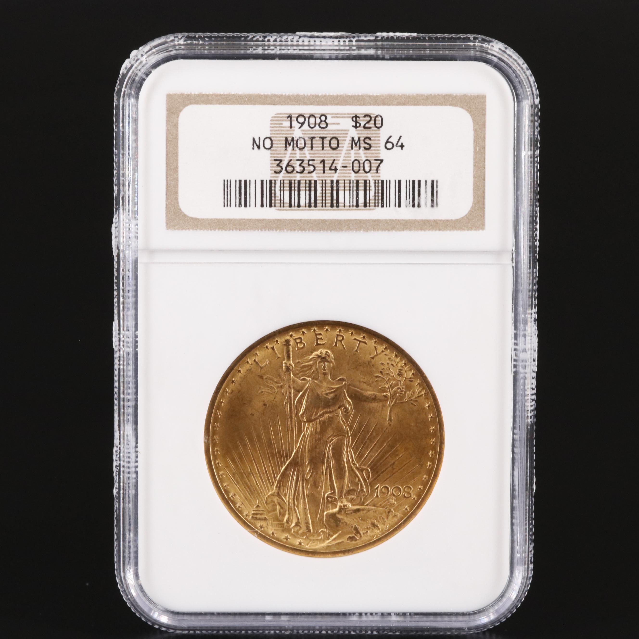 NGC Graded MS64 1908 "No Motto" $20 Saint-Gaudens Gold Coin