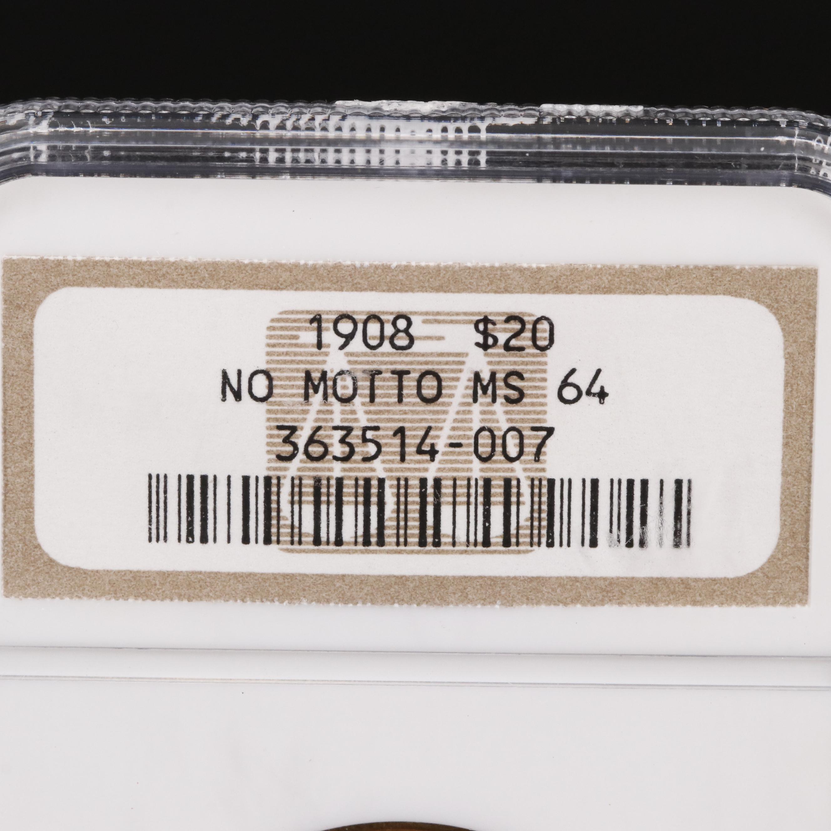 NGC Graded MS64 1908 "No Motto" $20 Saint-Gaudens Gold Coin