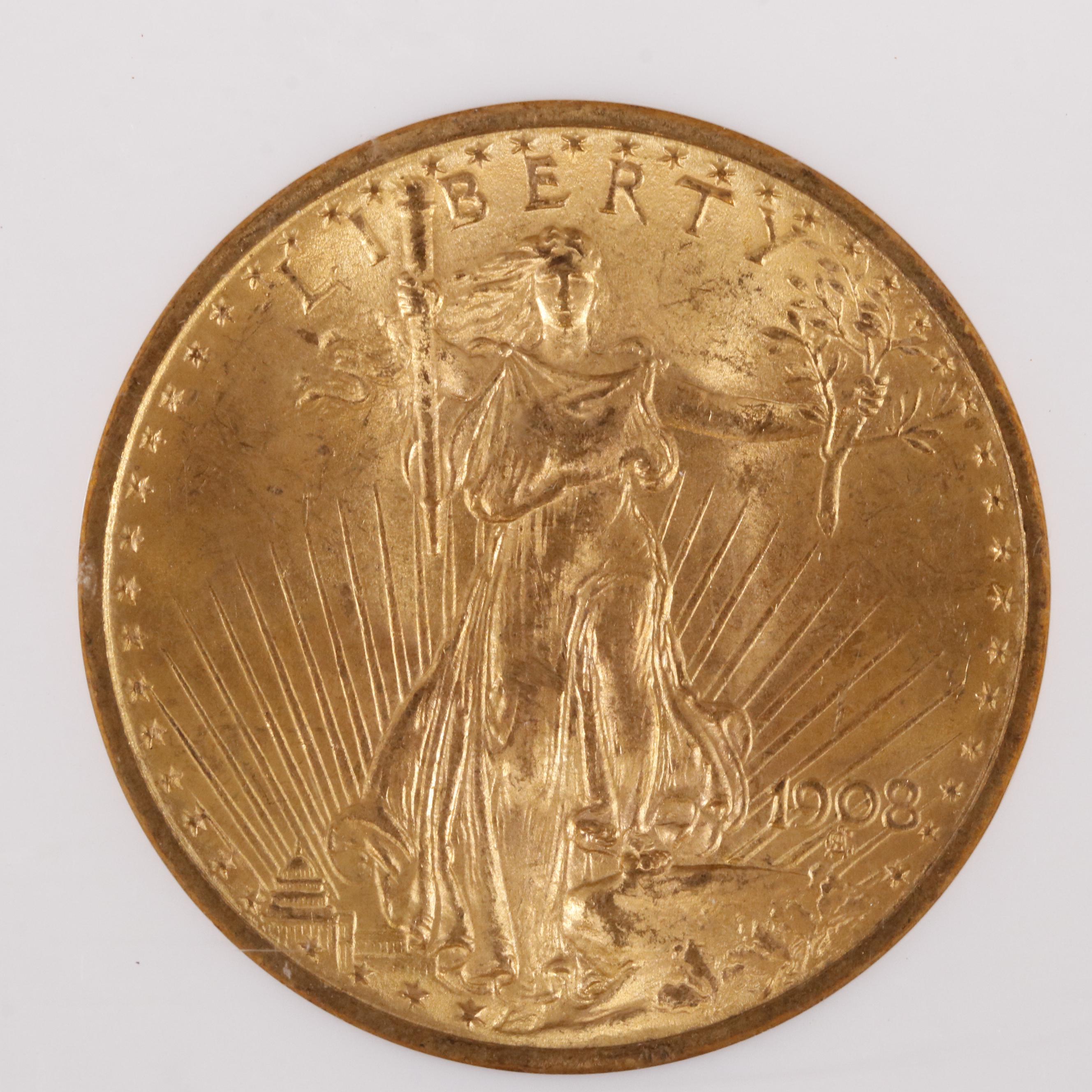 NGC Graded MS64 1908 "No Motto" $20 Saint-Gaudens Gold Coin