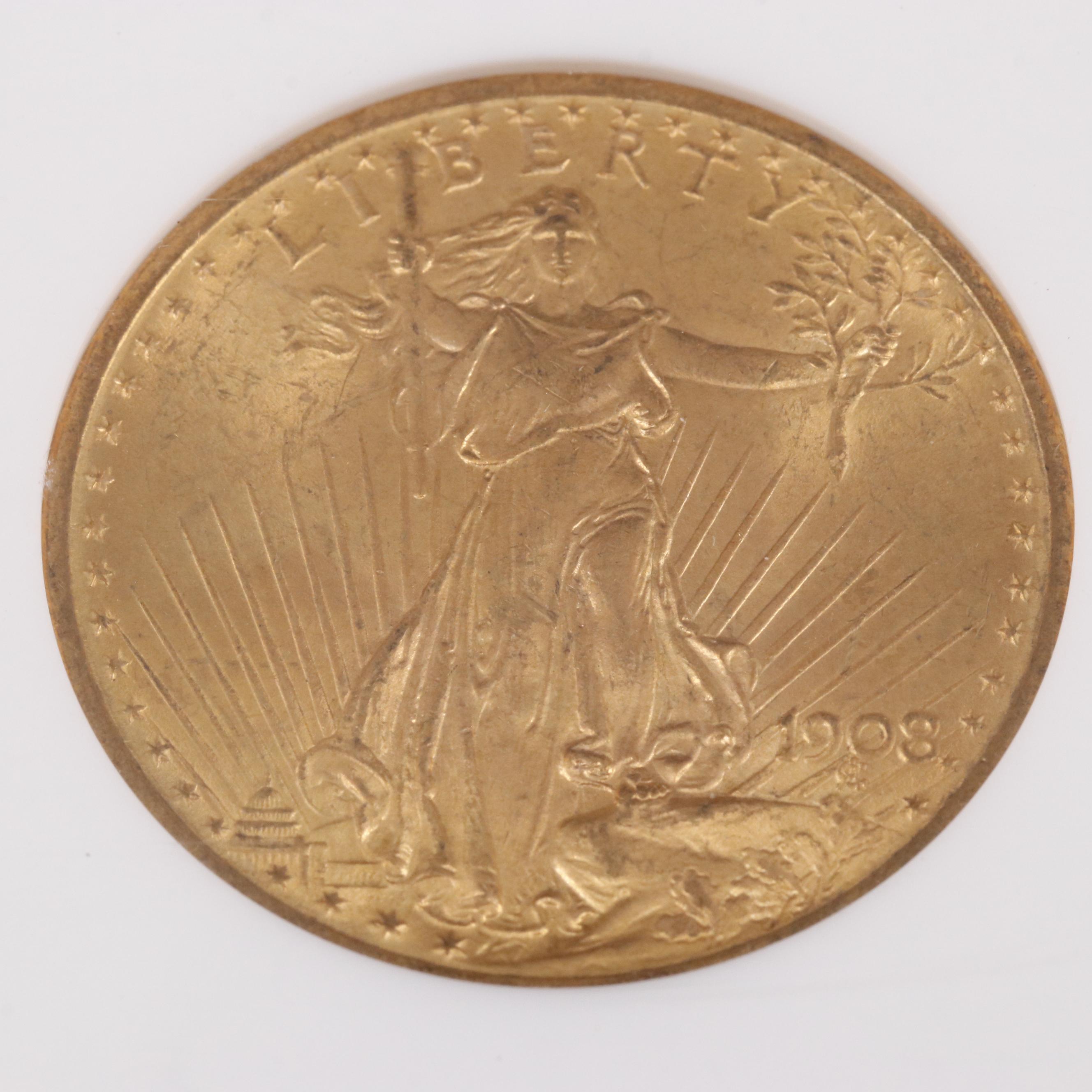 NGC Graded MS64 1908 "No Motto" $20 Saint-Gaudens Gold Coin