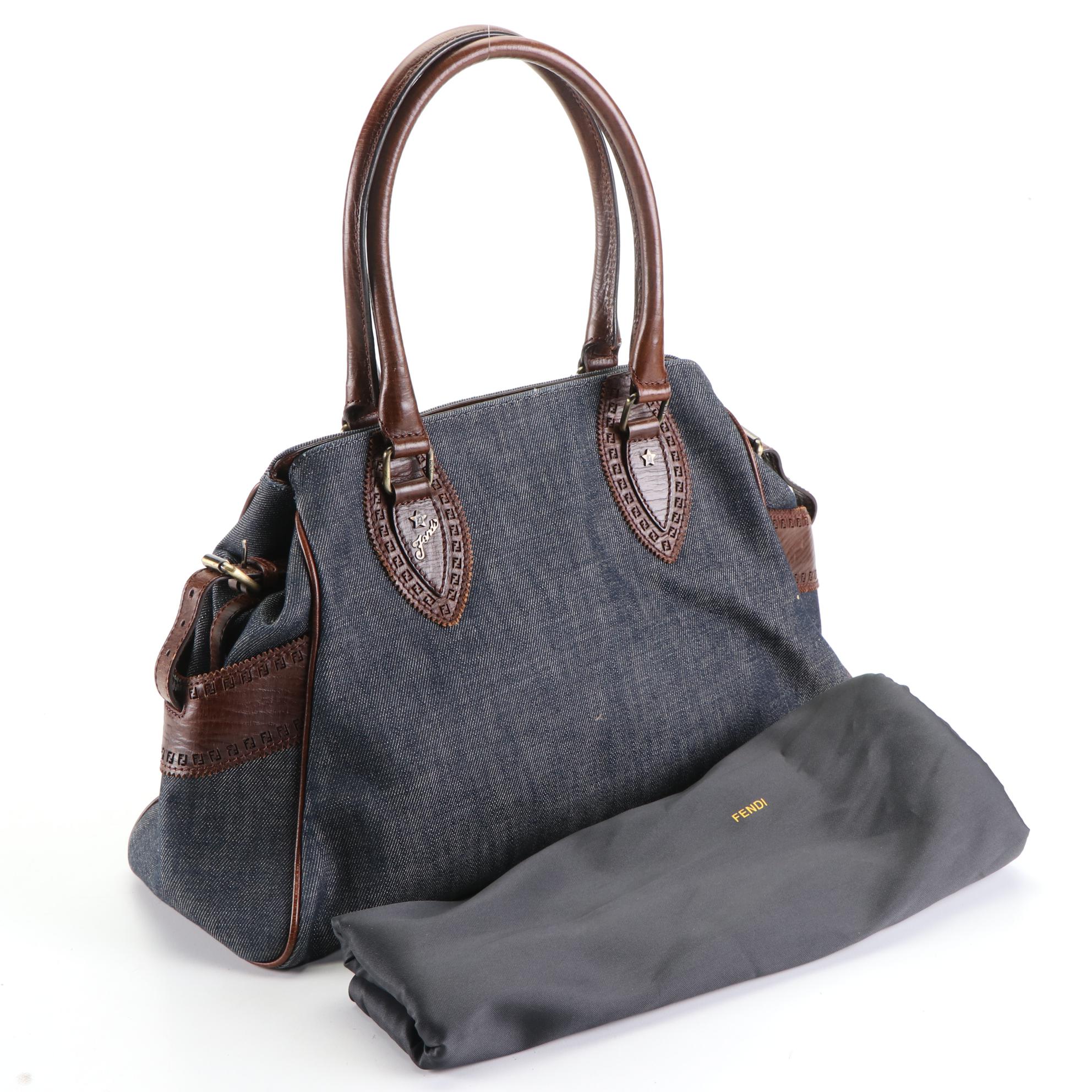 Fendi De Jour Tote Bag in Blue Denim and Brown Leather with FF Logo Cutout
