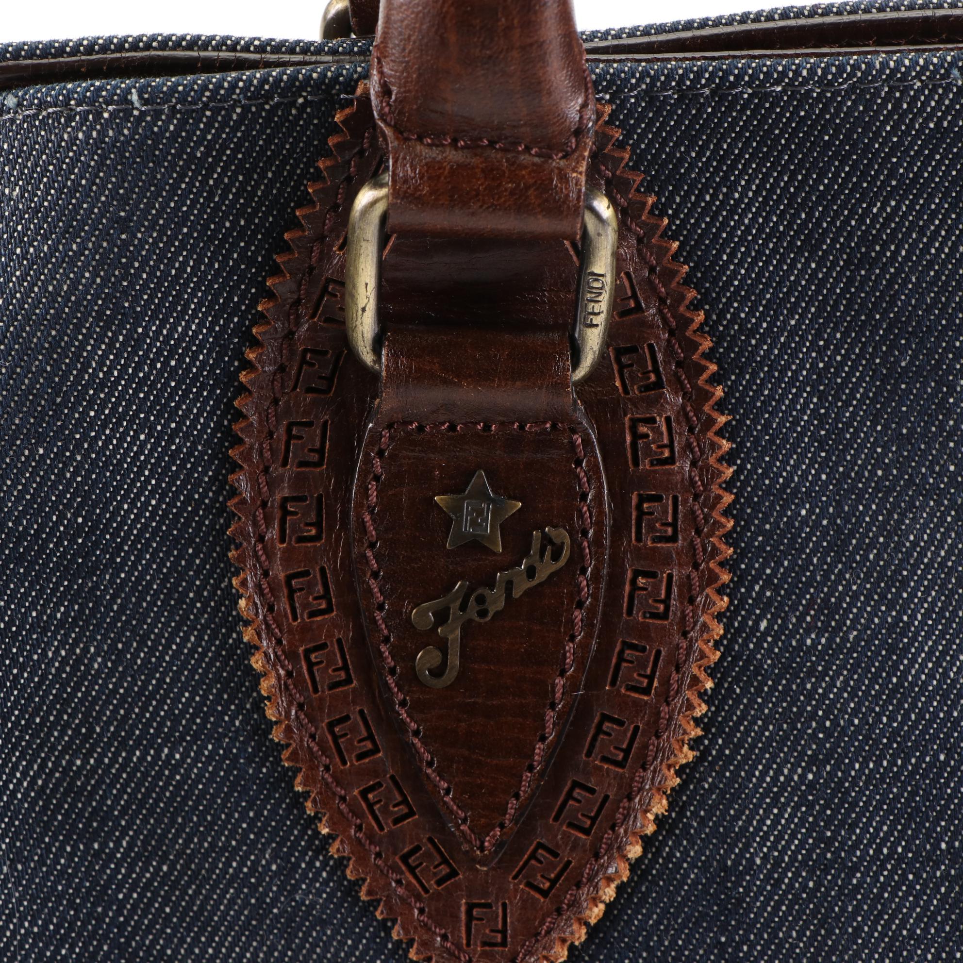 Fendi De Jour Tote Bag in Blue Denim and Brown Leather with FF Logo Cutout
