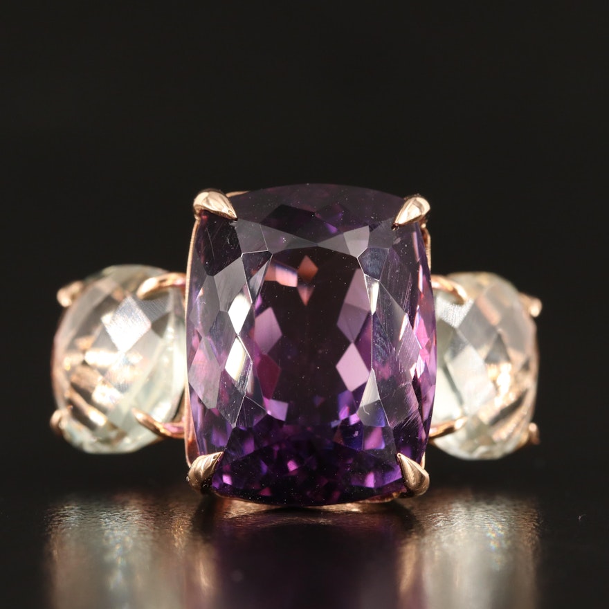 18K 22.89 CT Amethyst and Prasiolite Three Stone Ring