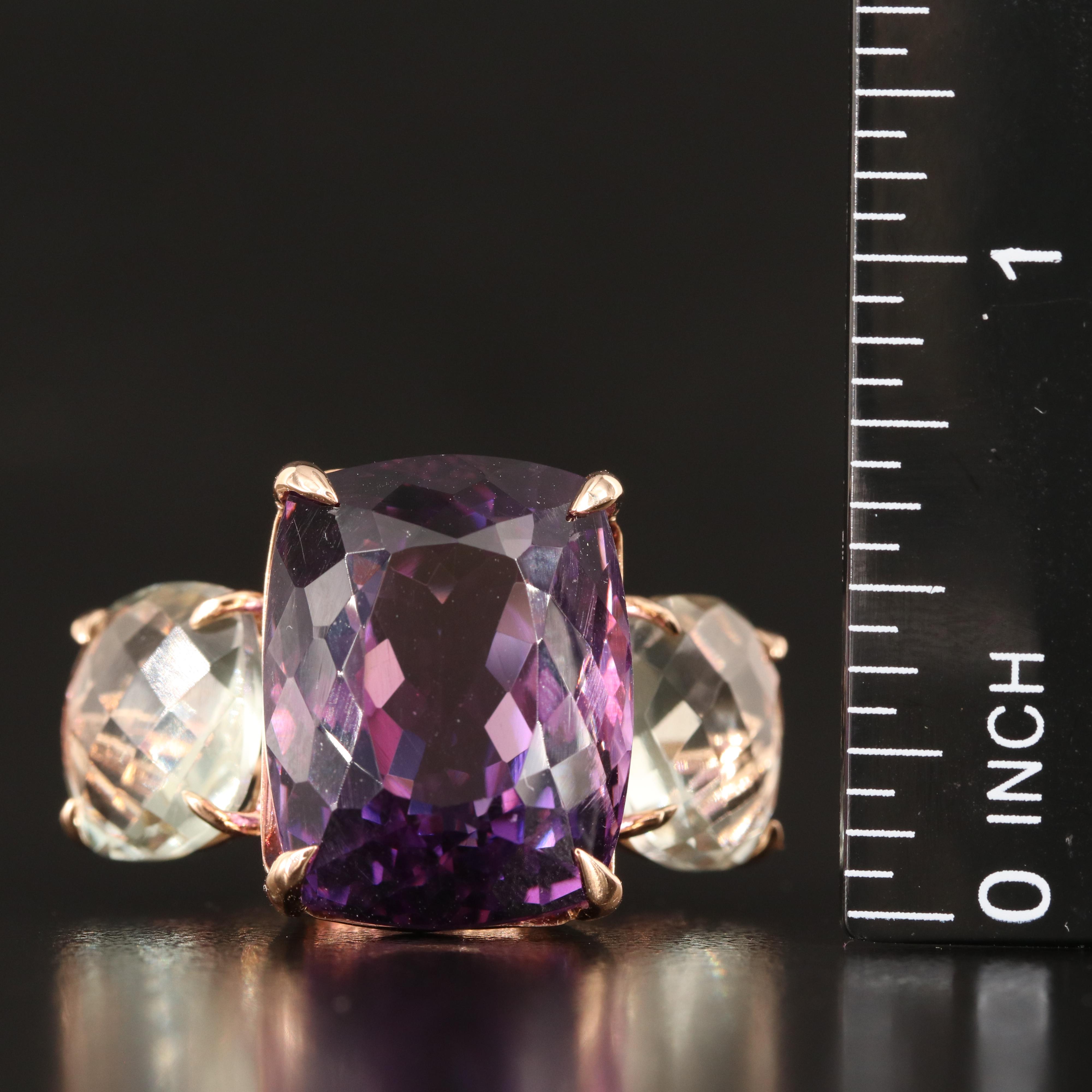 18K 22.89 CT Amethyst and Prasiolite Three Stone Ring