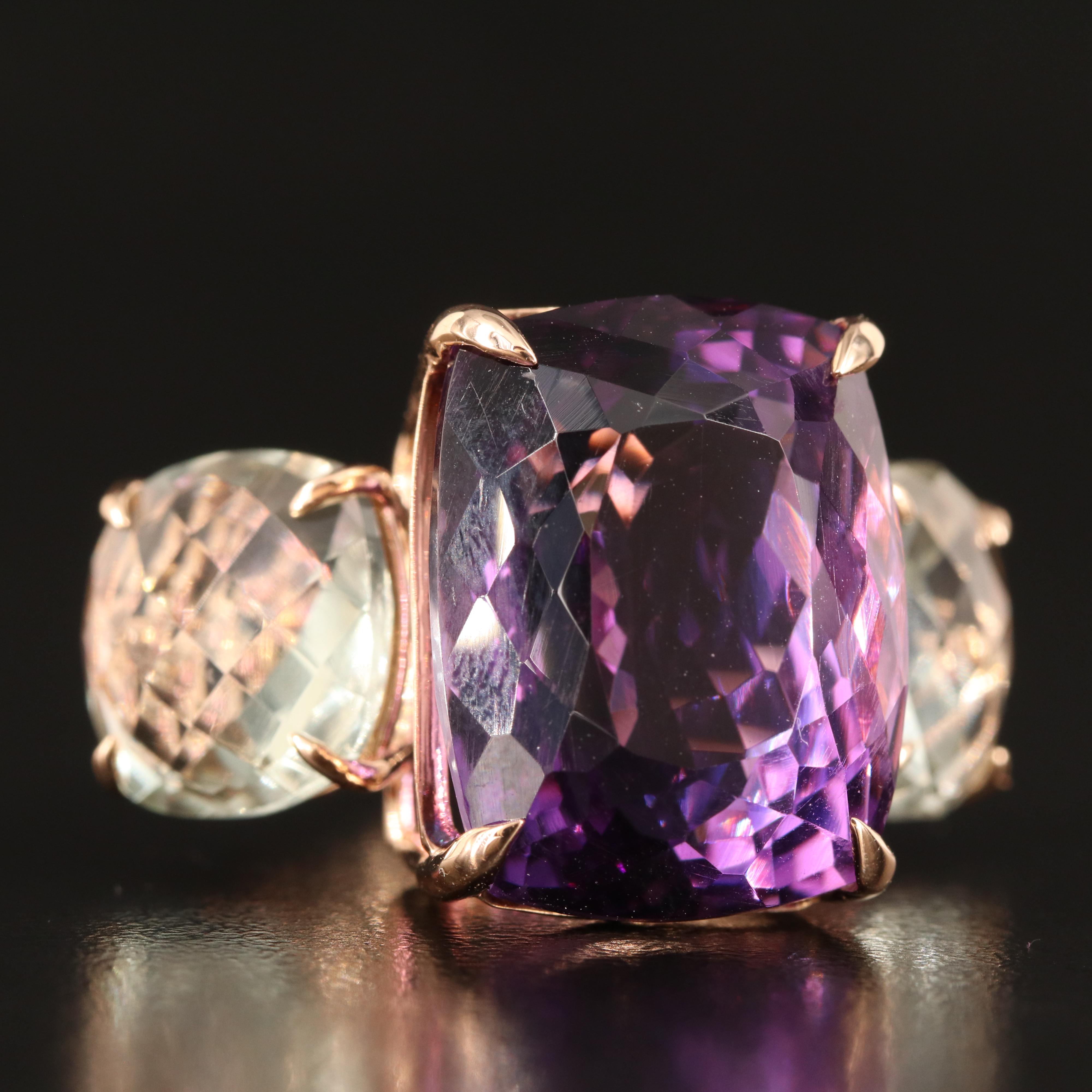 18K 22.89 CT Amethyst and Prasiolite Three Stone Ring