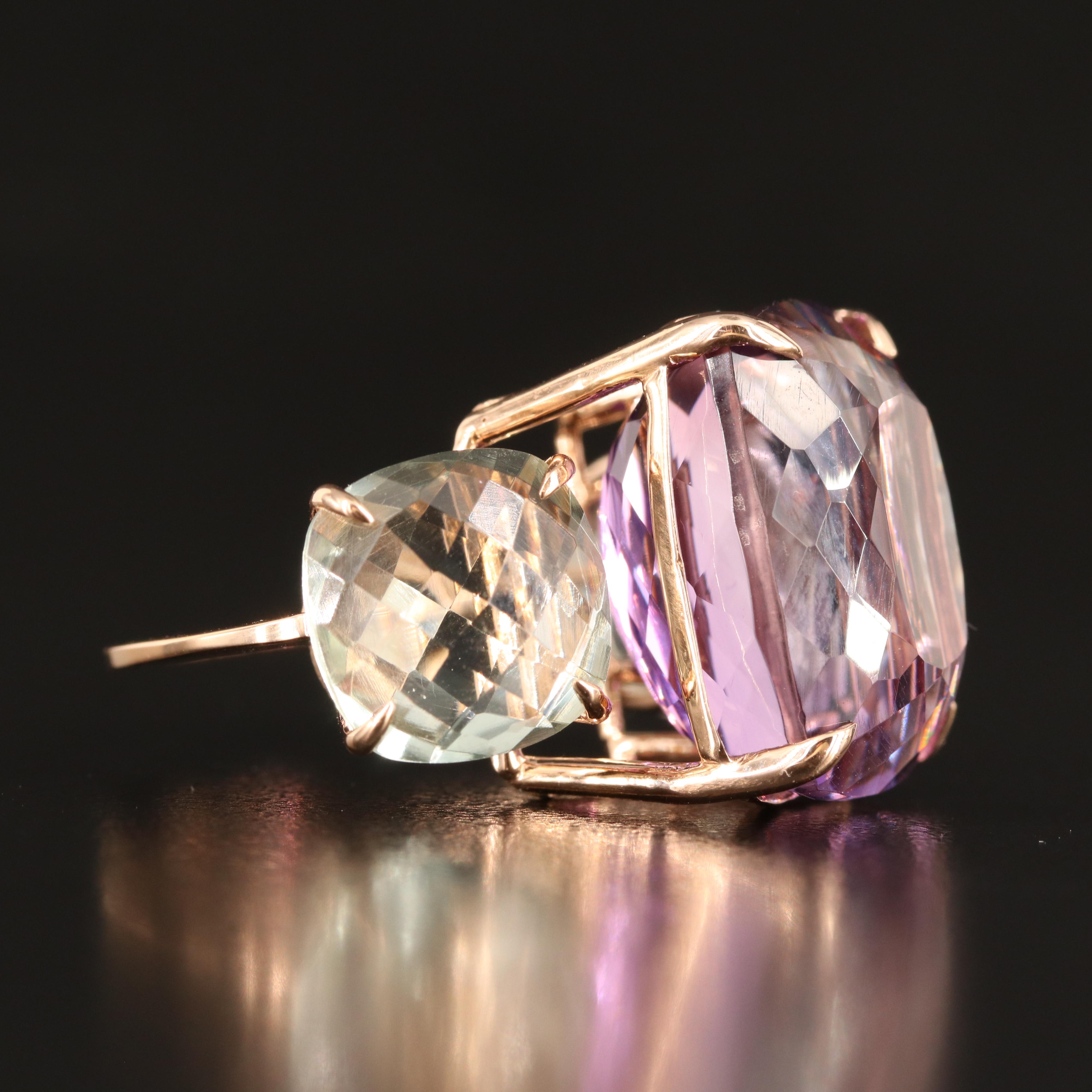 18K 22.89 CT Amethyst and Prasiolite Three Stone Ring