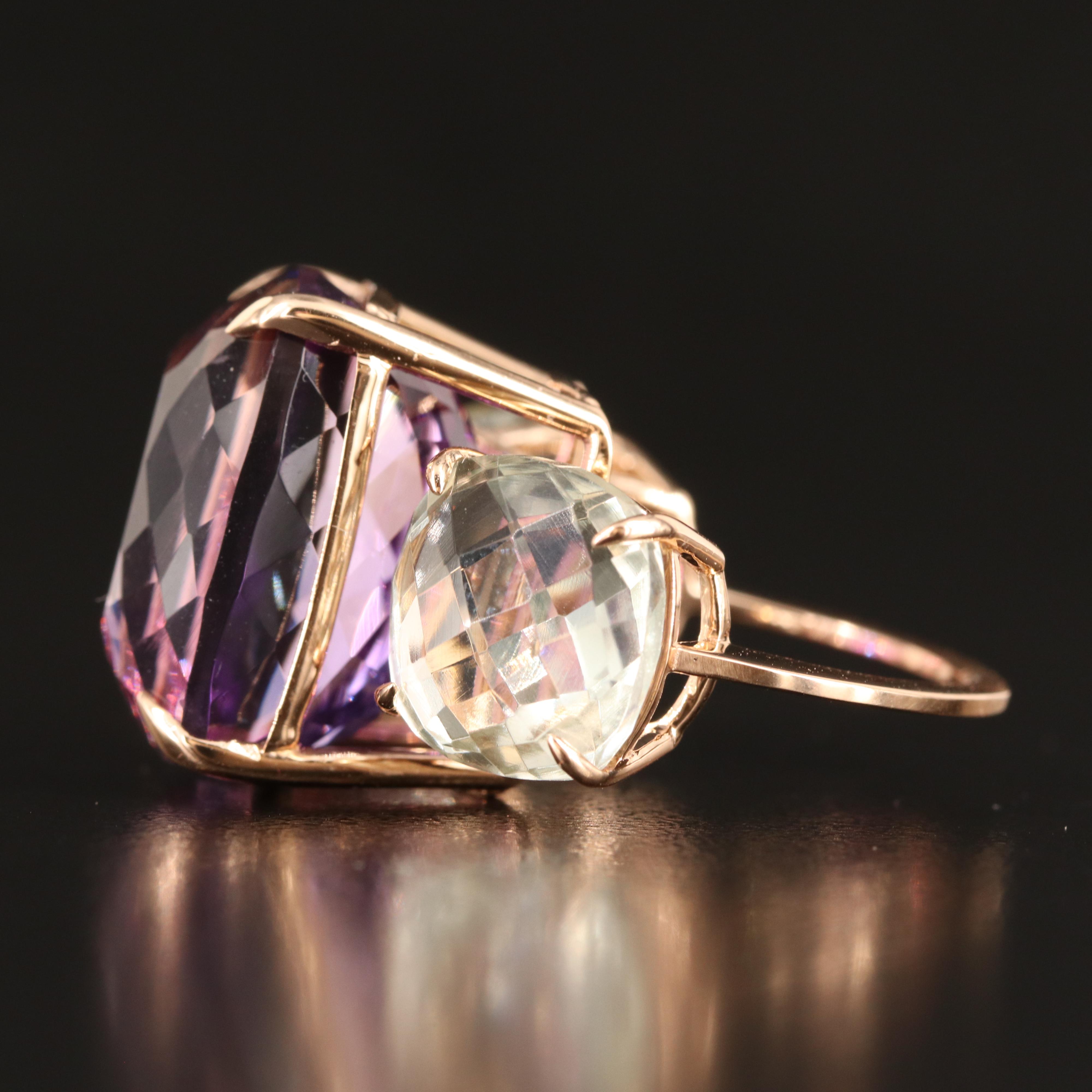 18K 22.89 CT Amethyst and Prasiolite Three Stone Ring