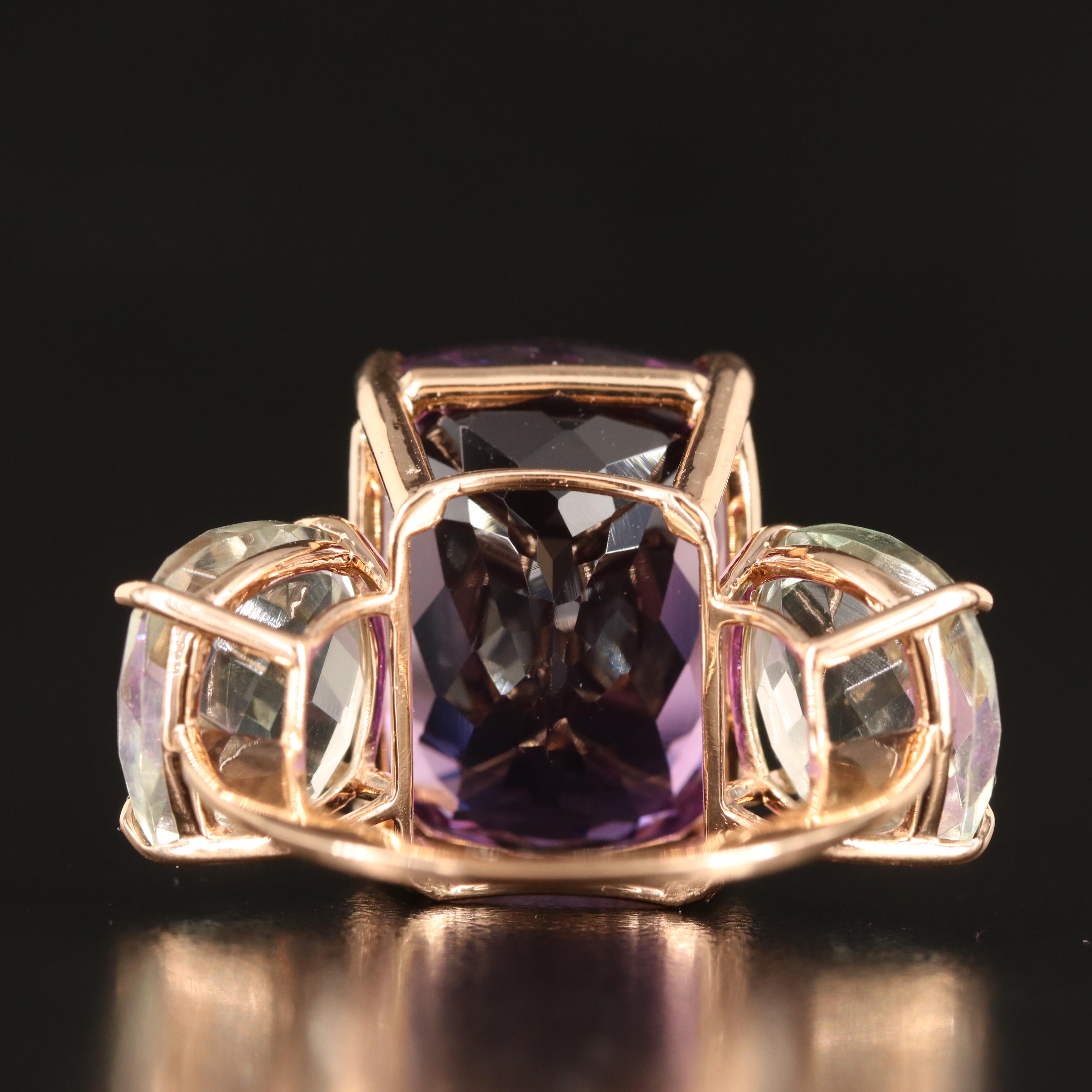 18K 22.89 CT Amethyst and Prasiolite Three Stone Ring