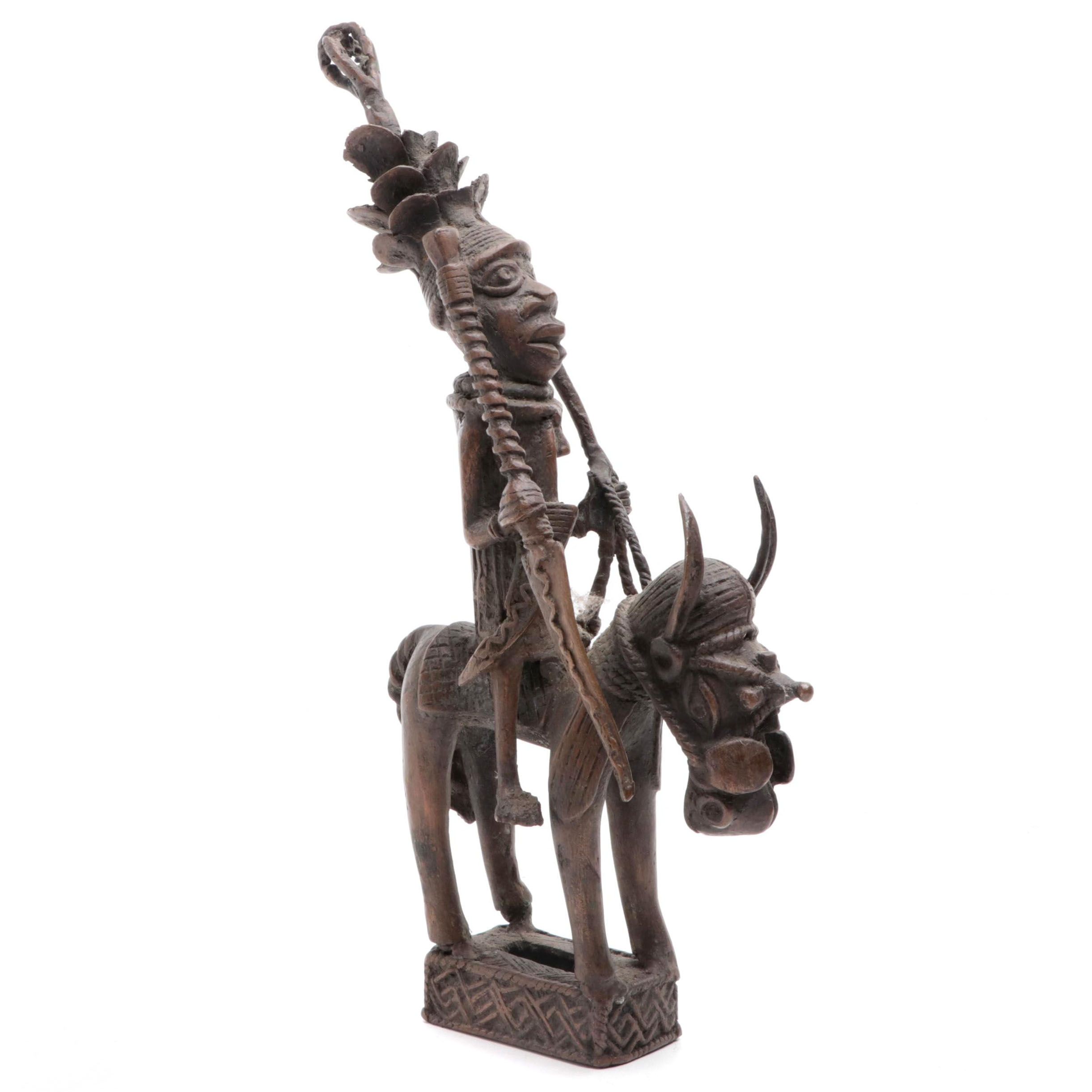 African Benin Bronze Figure of Horse and Rider