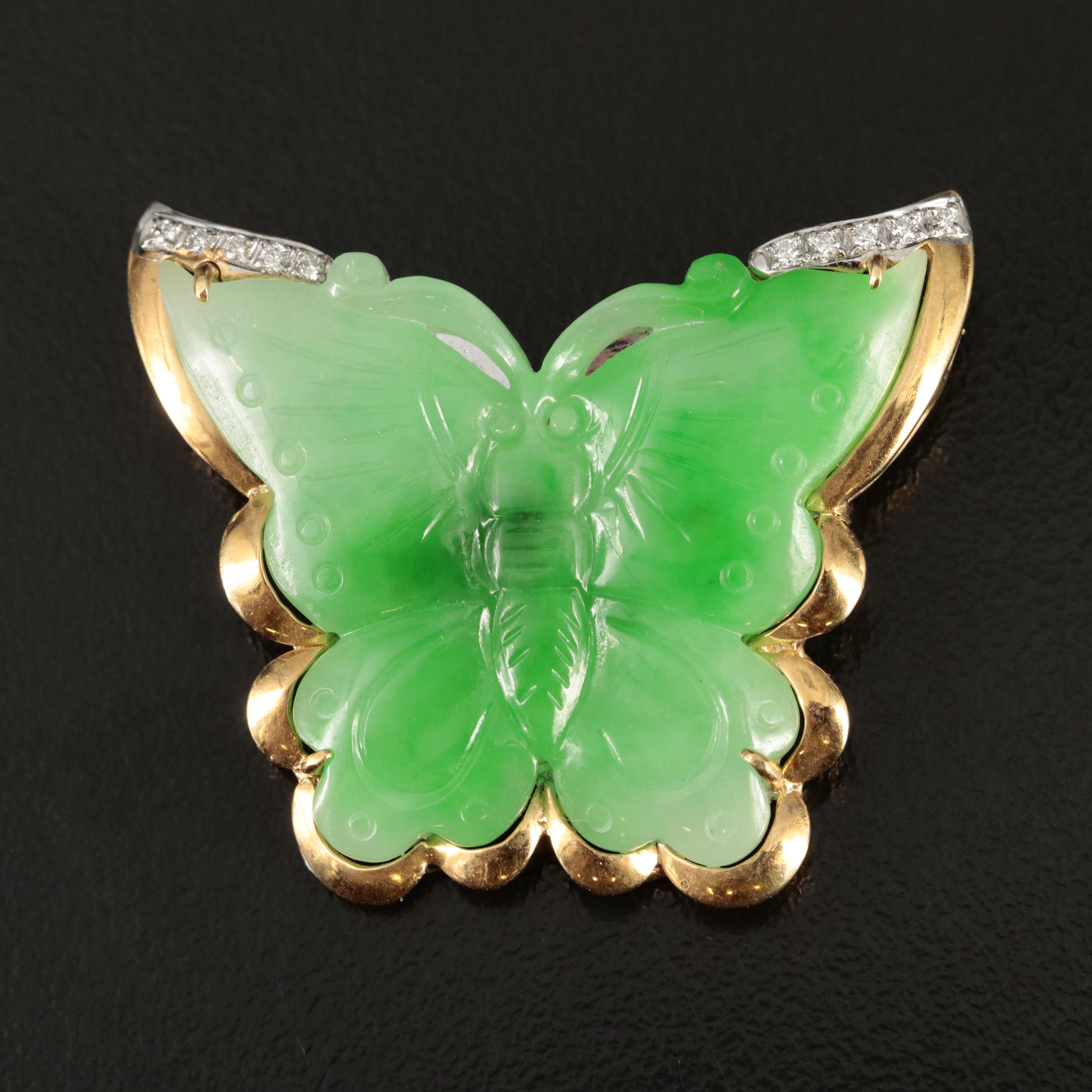 18K Jadeite and Diamond Butterfly Converter Brooch