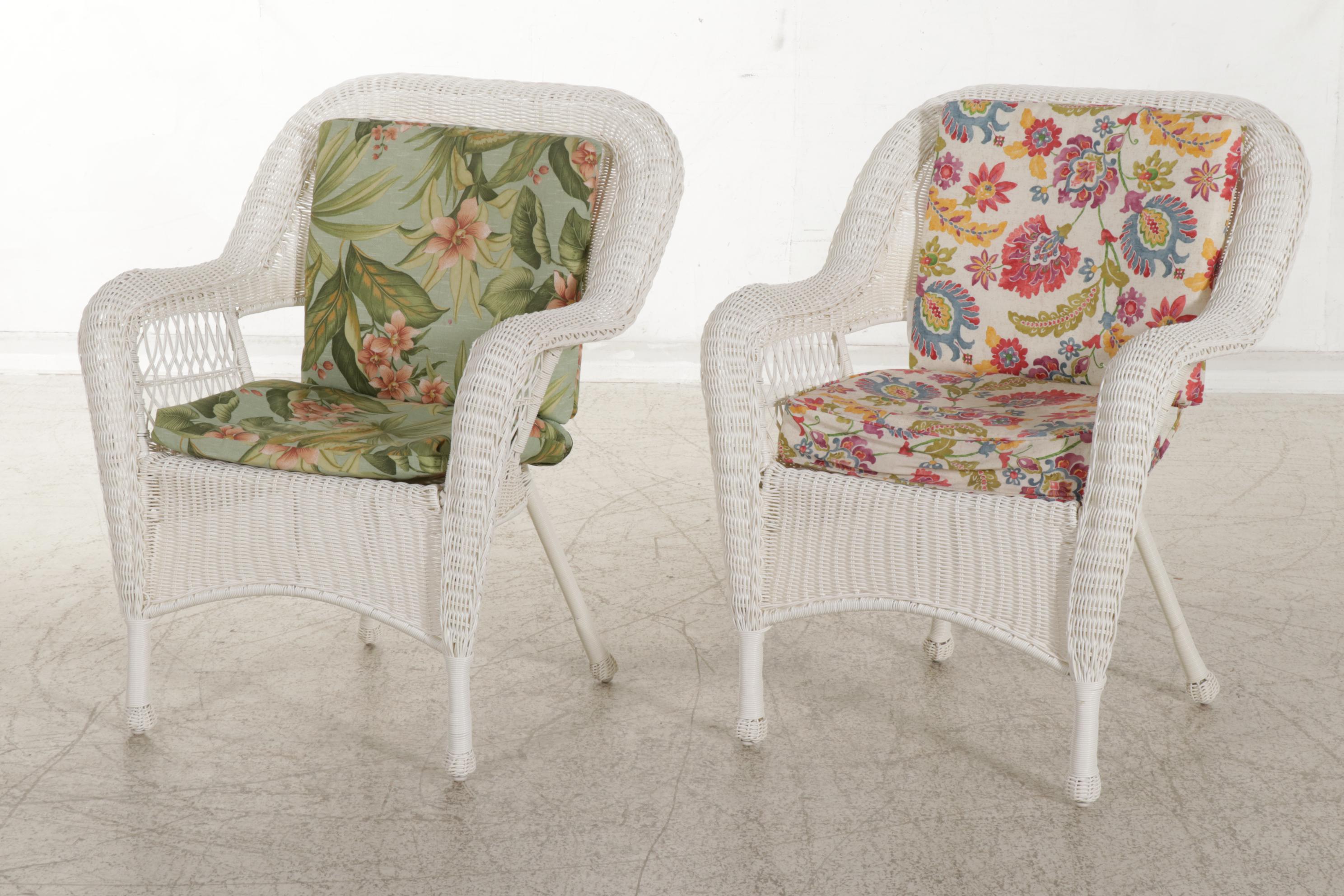 All-Weather Wicker Patio Armchairs and Glass Top Table with White Wicker Table