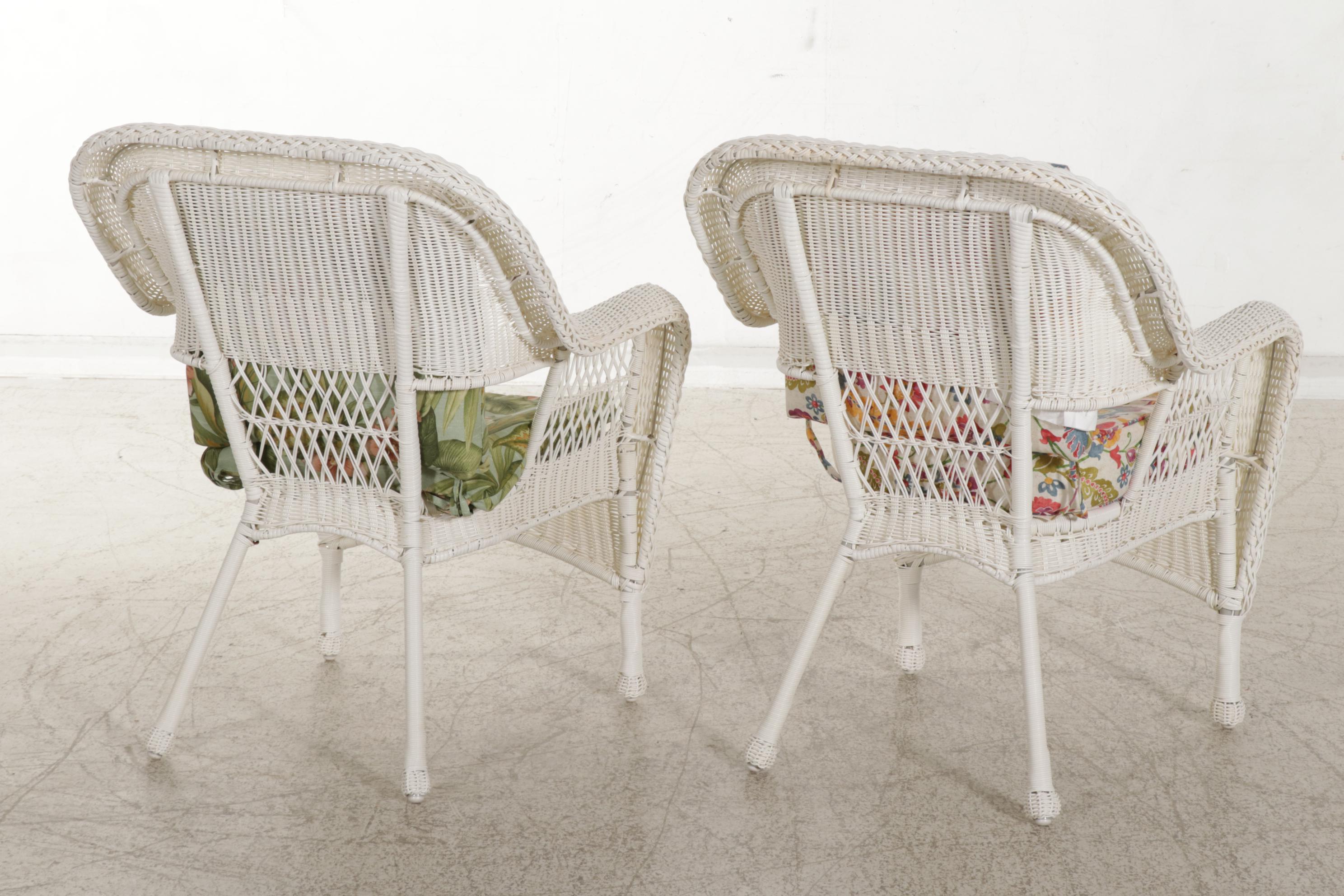 All-Weather Wicker Patio Armchairs and Glass Top Table with White Wicker Table