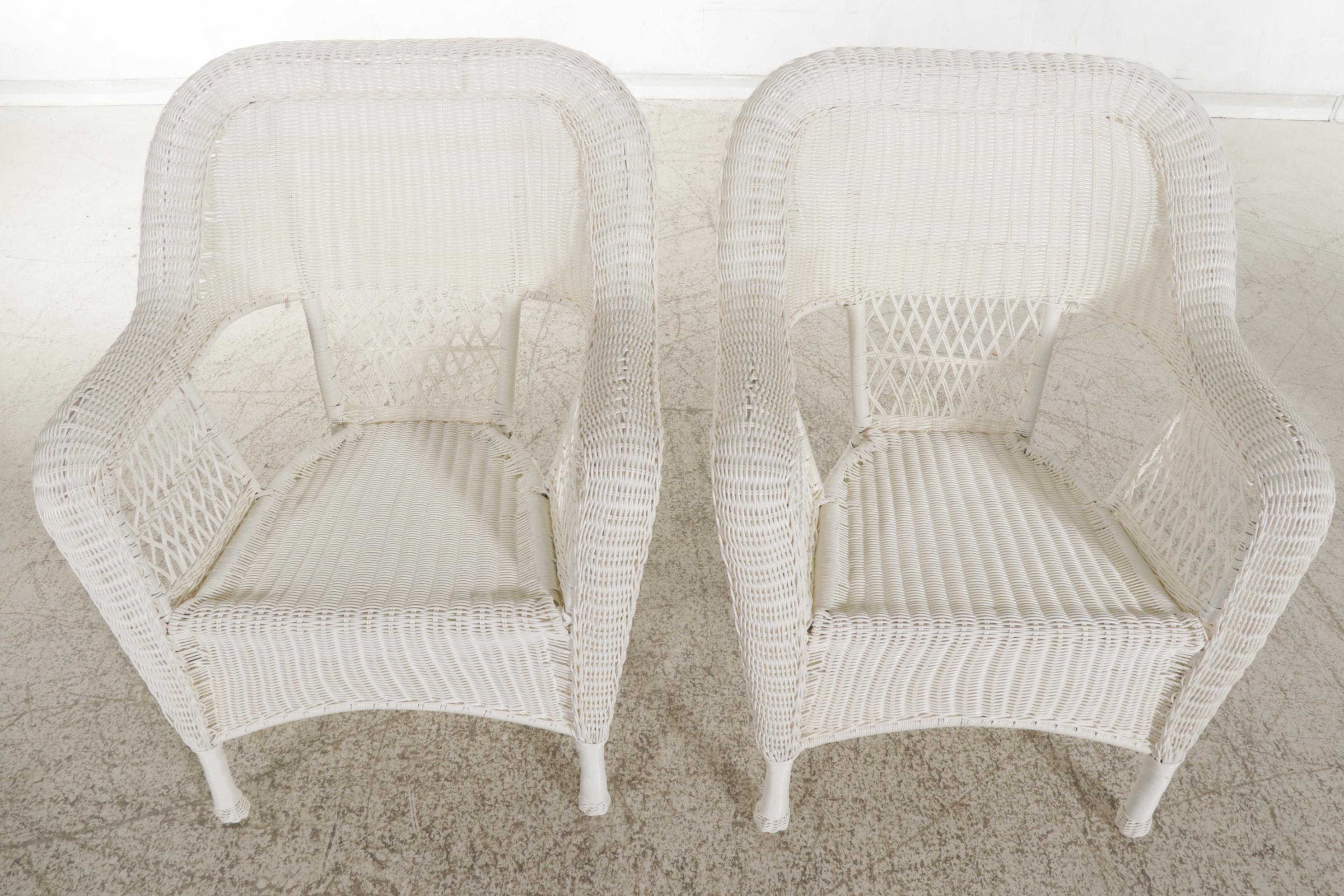 All-Weather Wicker Patio Armchairs and Glass Top Table with White Wicker Table