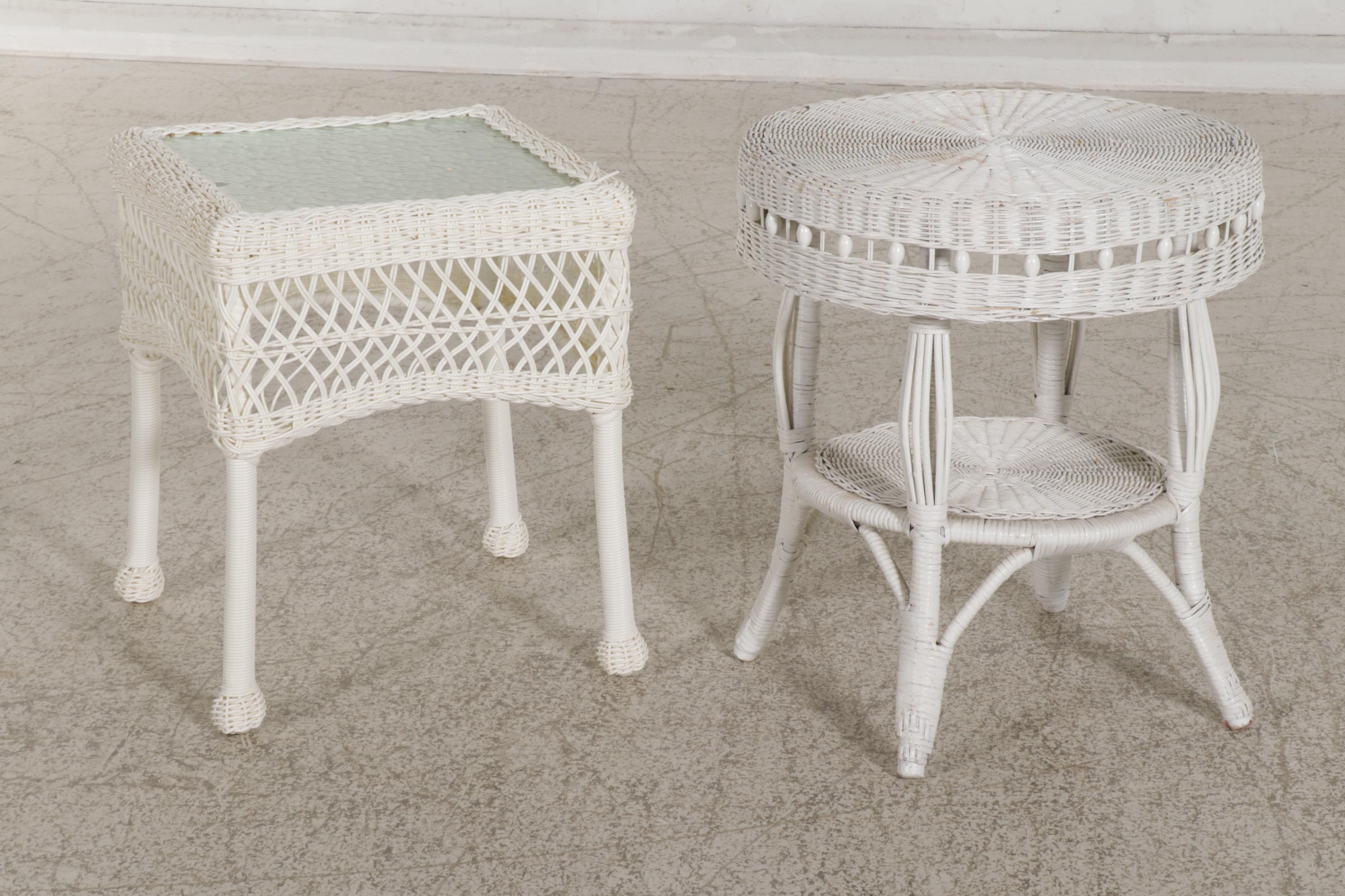 All-Weather Wicker Patio Armchairs and Glass Top Table with White Wicker Table