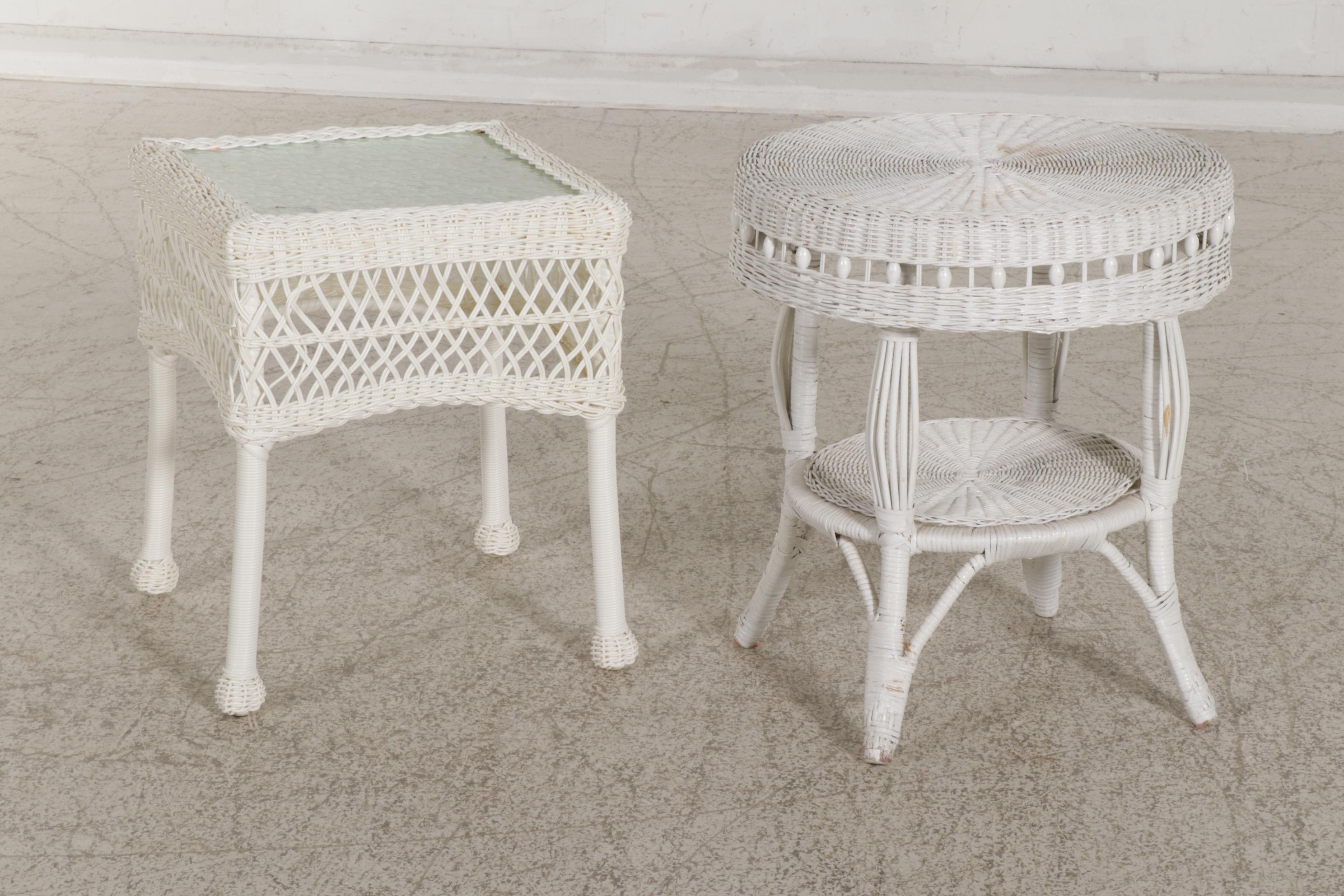 All-Weather Wicker Patio Armchairs and Glass Top Table with White Wicker Table