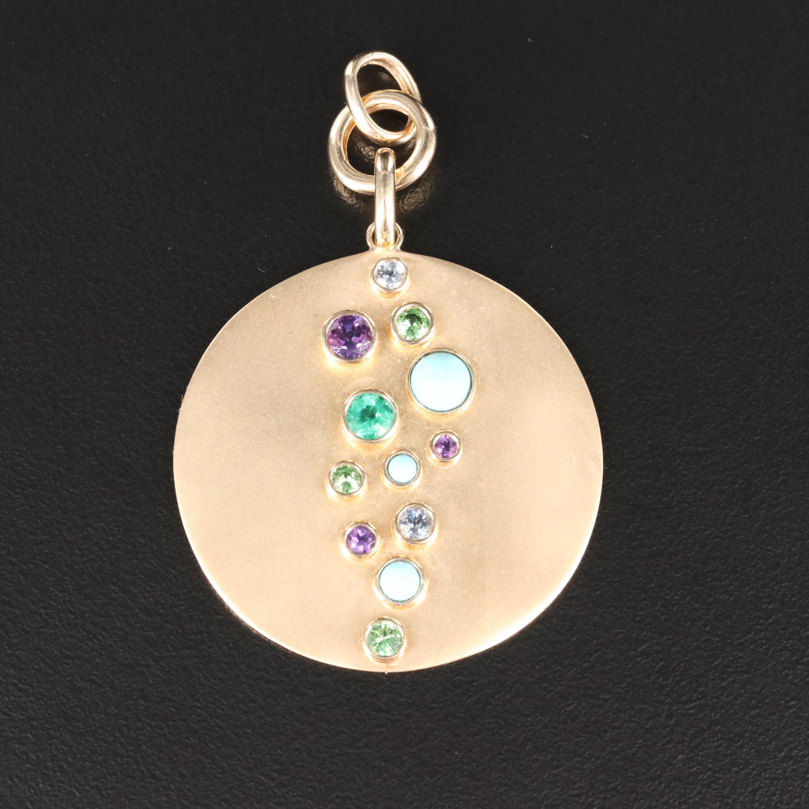 14K Amethyst, Emerald and Gemstone Disk Pendant