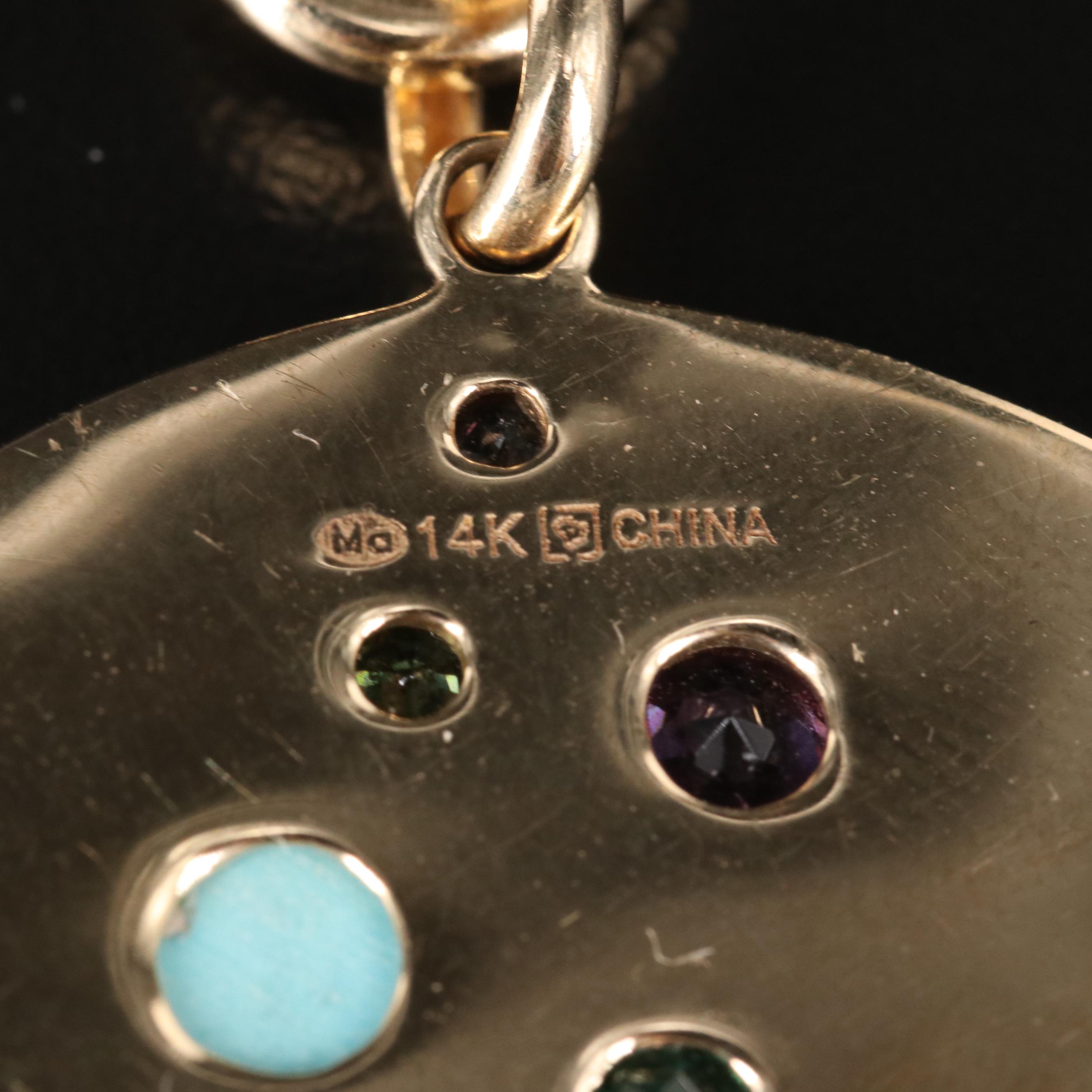 14K Amethyst, Emerald and Gemstone Disk Pendant