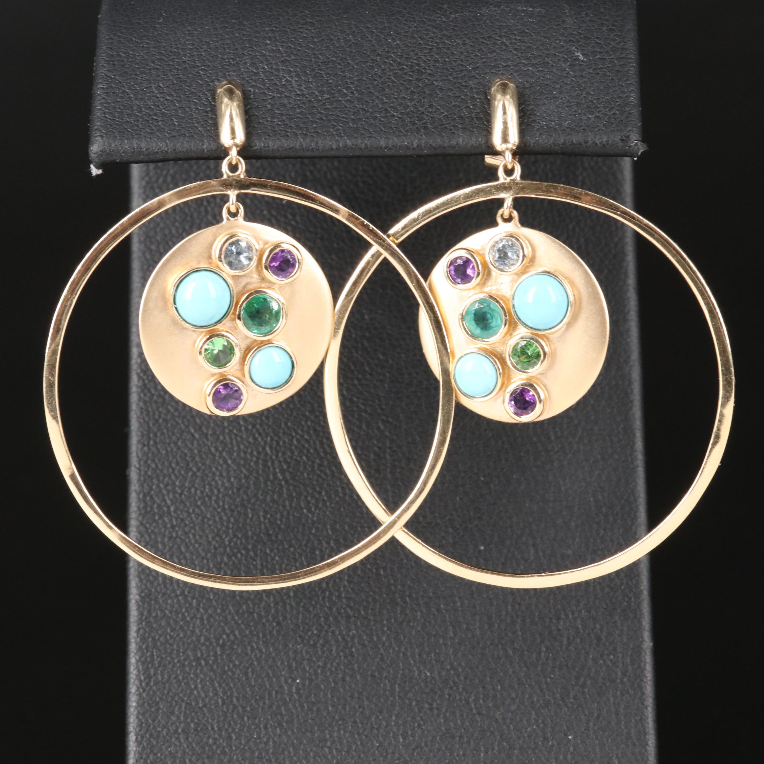 14K Aquamarine, Amethyst and Gemstone Disk Earrings