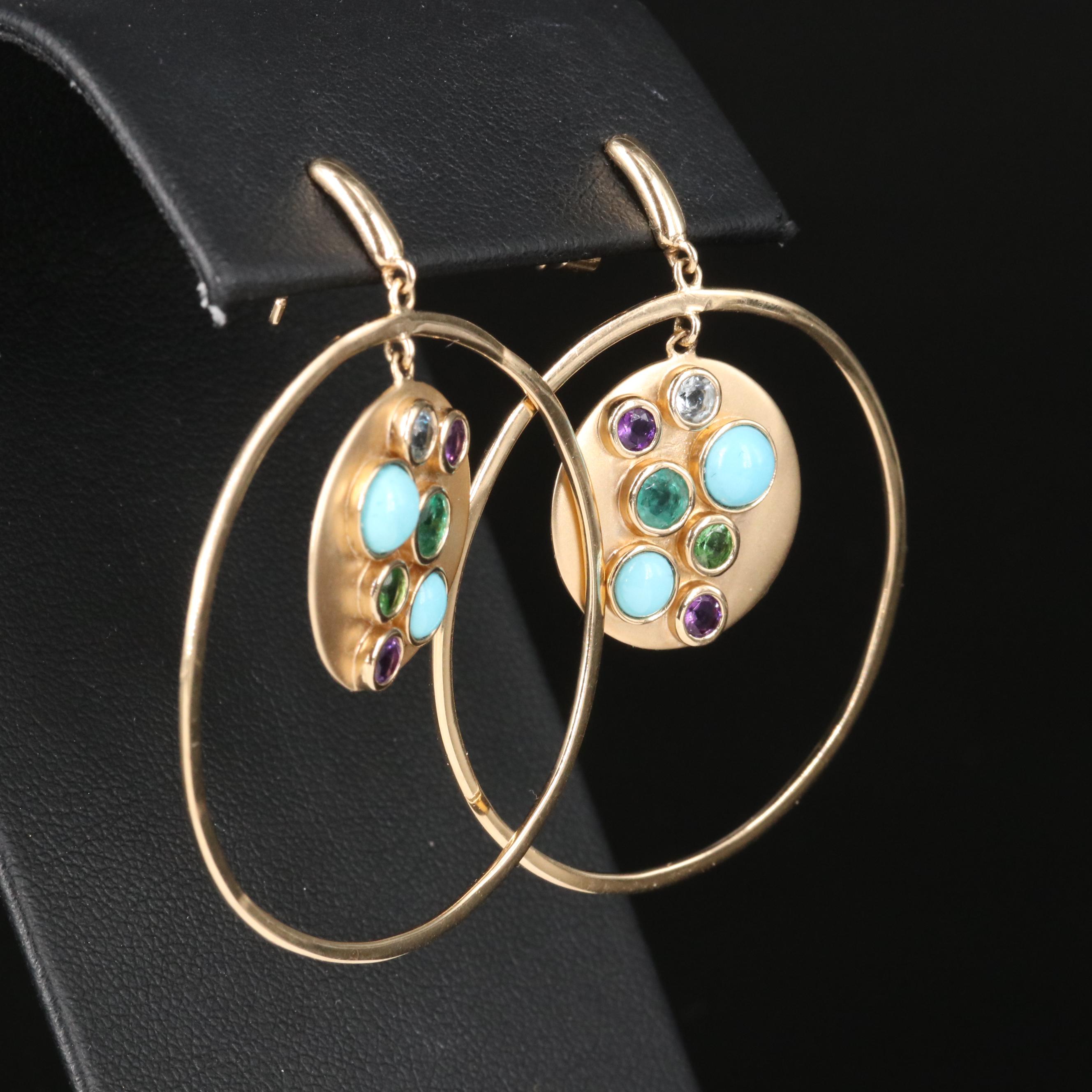 14K Aquamarine, Amethyst and Gemstone Disk Earrings