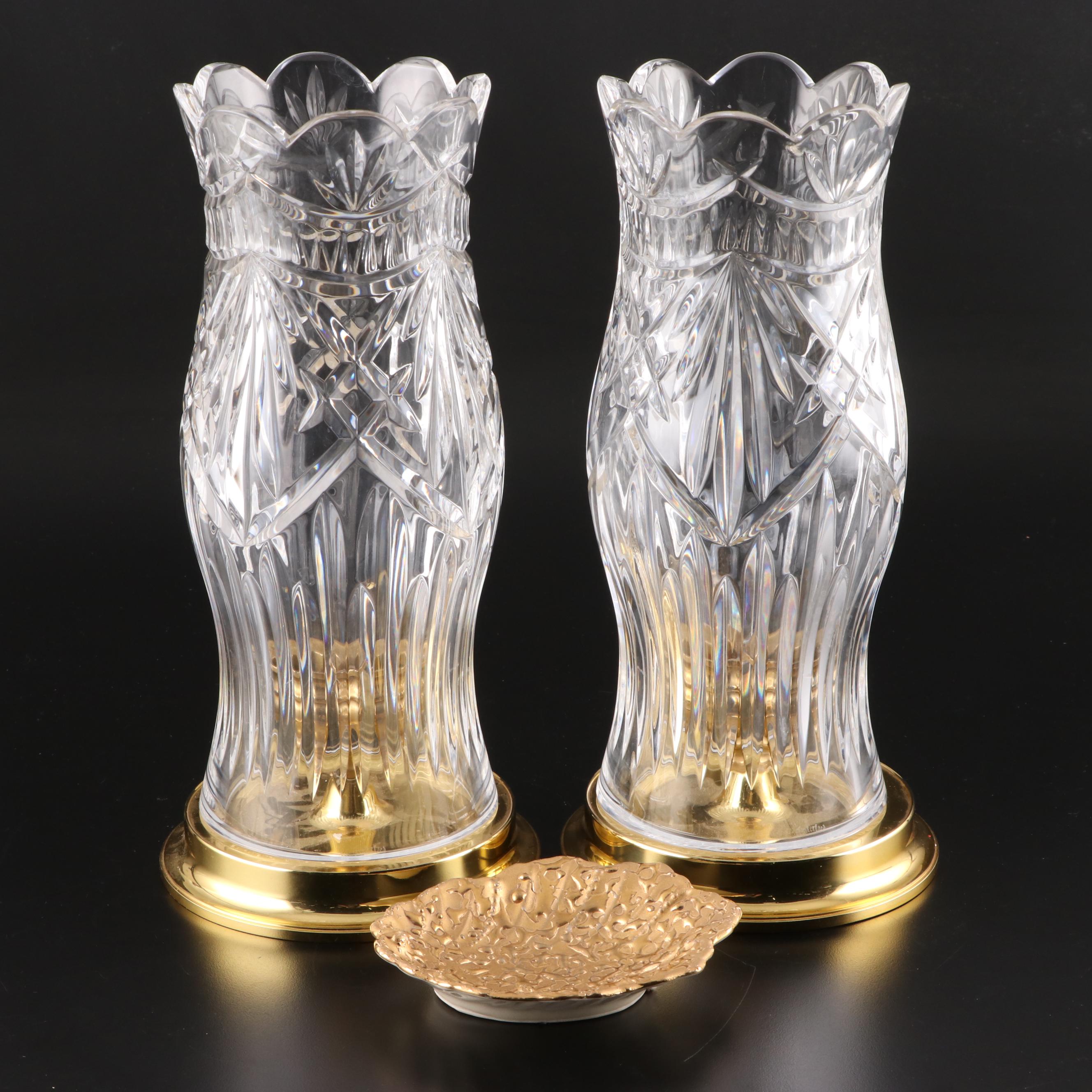 Brass and Leaded Crystal Hurricane Candle Holders with Gold Decorated Dish