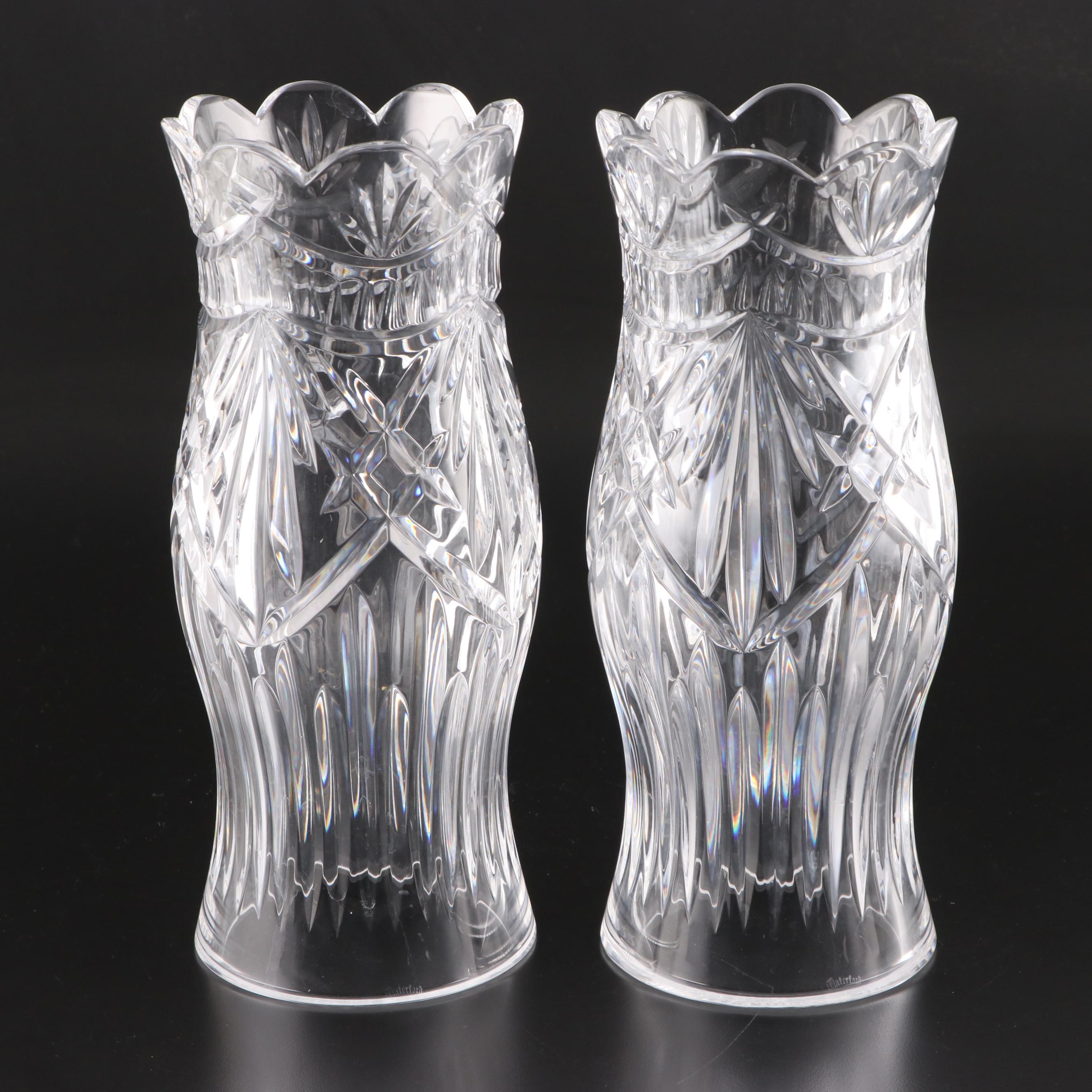 Brass and Leaded Crystal Hurricane Candle Holders with Gold Decorated Dish