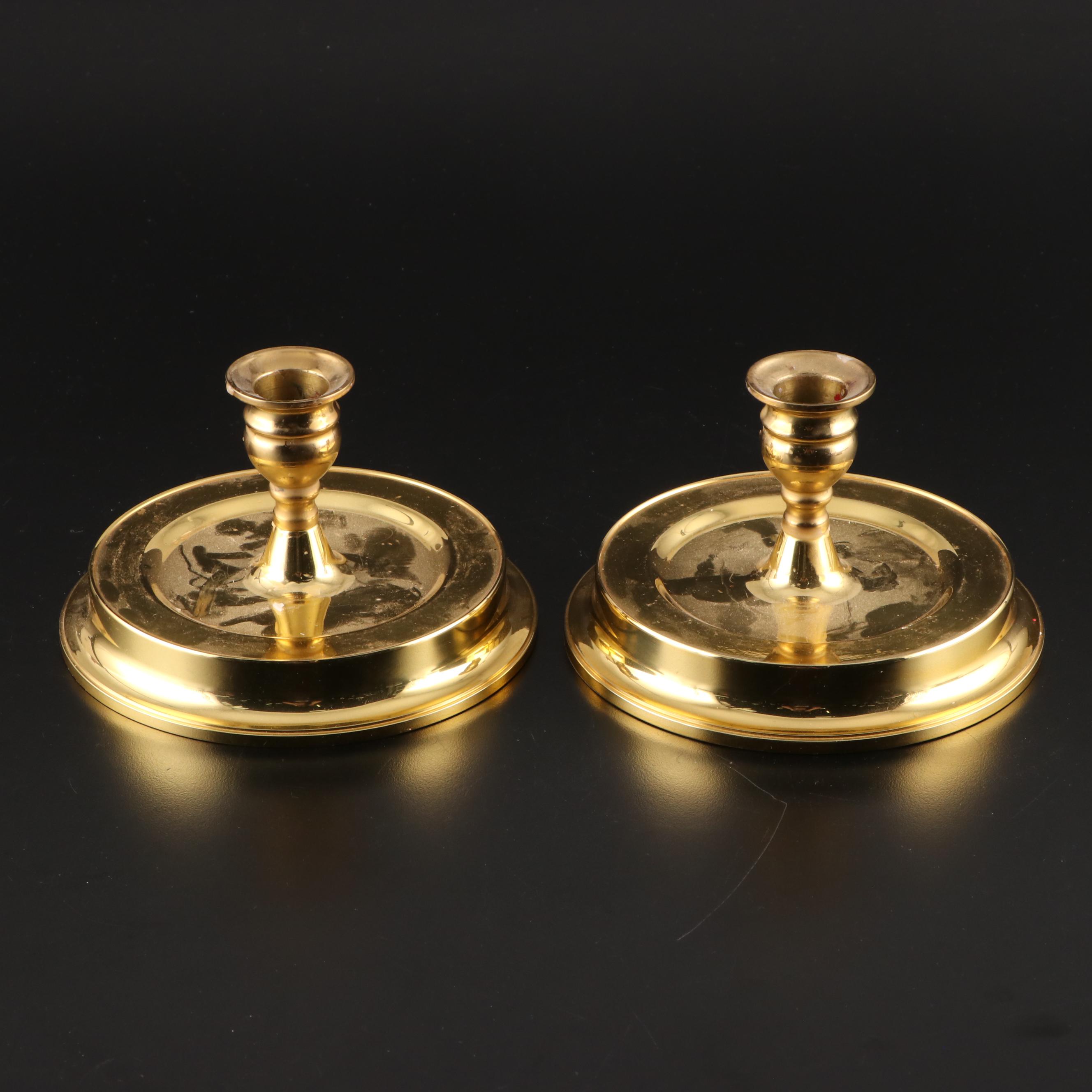 Brass and Leaded Crystal Hurricane Candle Holders with Gold Decorated Dish
