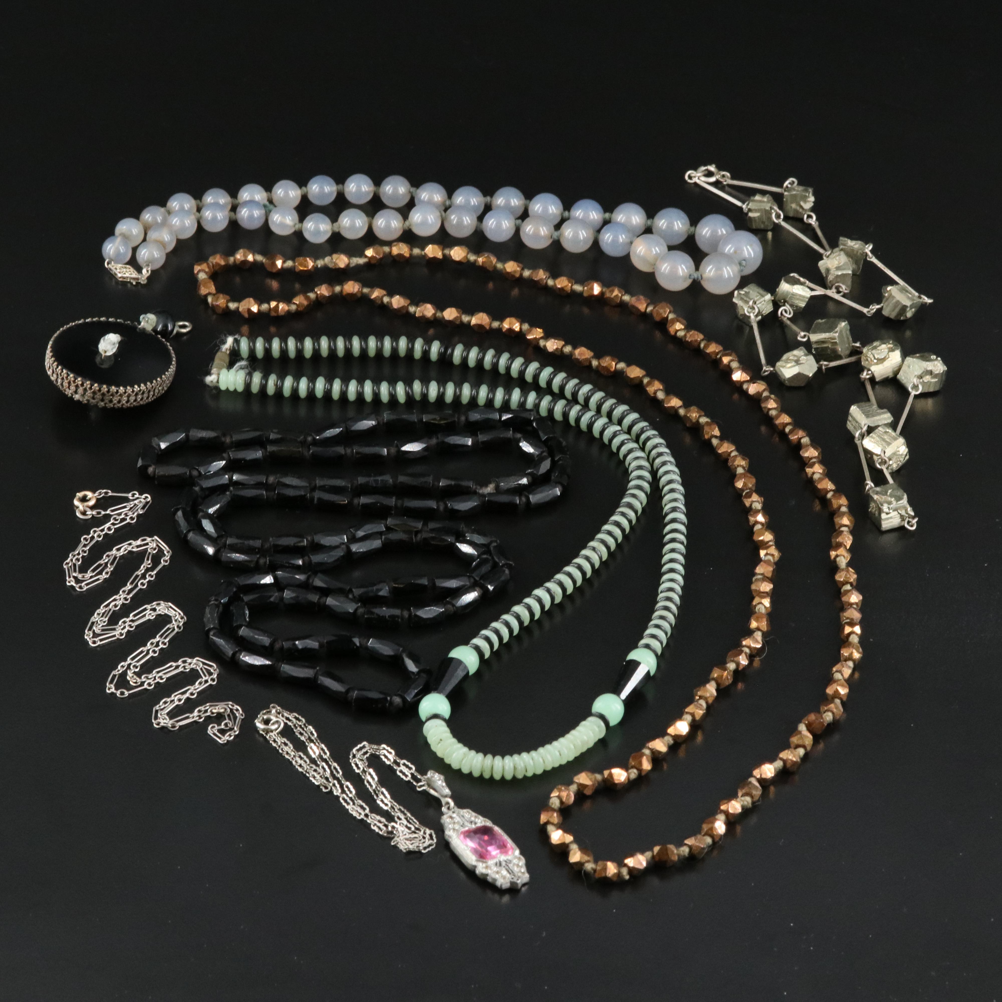 835 Silver and Sterling Jewelry Including Agate, Faux Black Onyx and Rhinestone