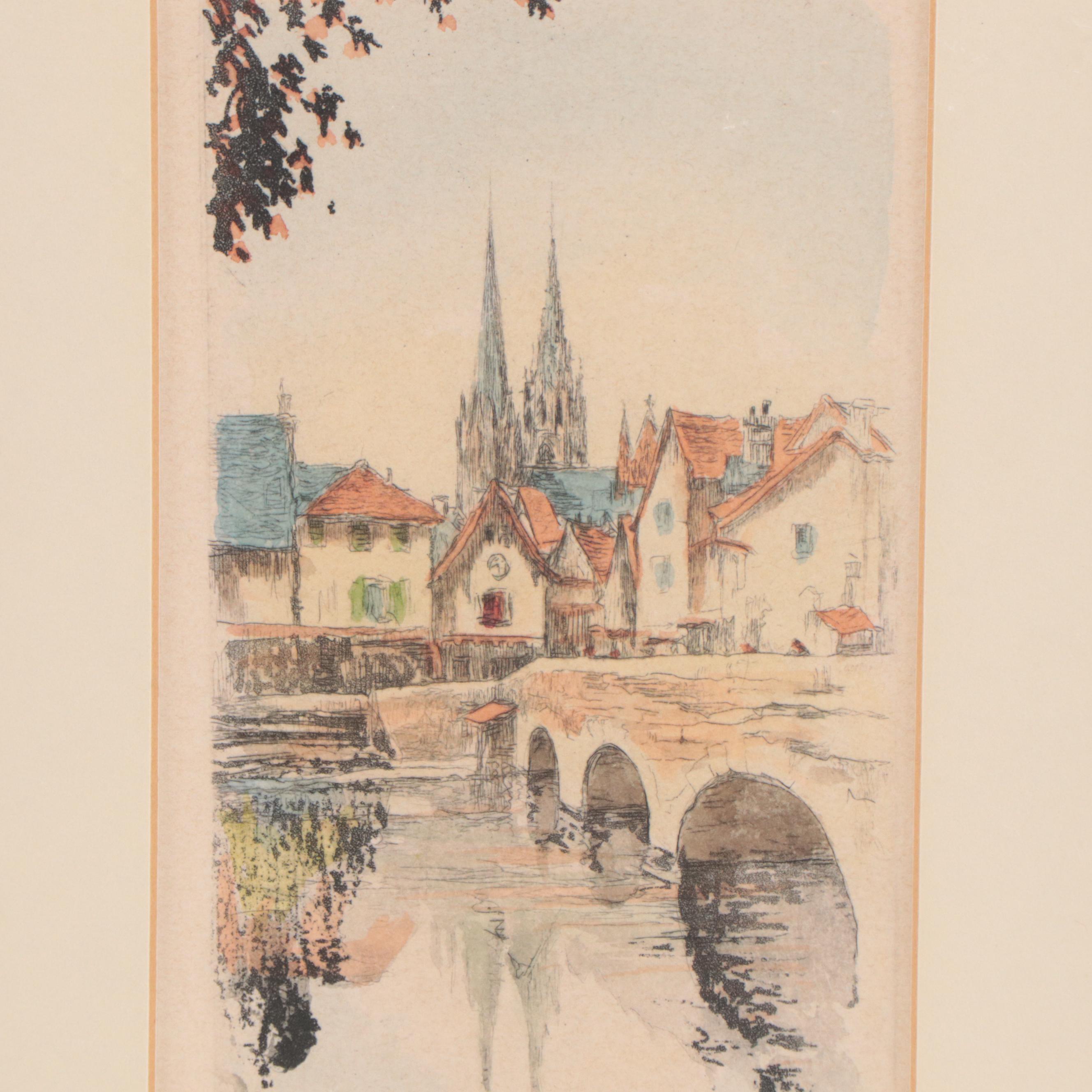 Henri Le Riche Etching With Aquatint of Paris Scene