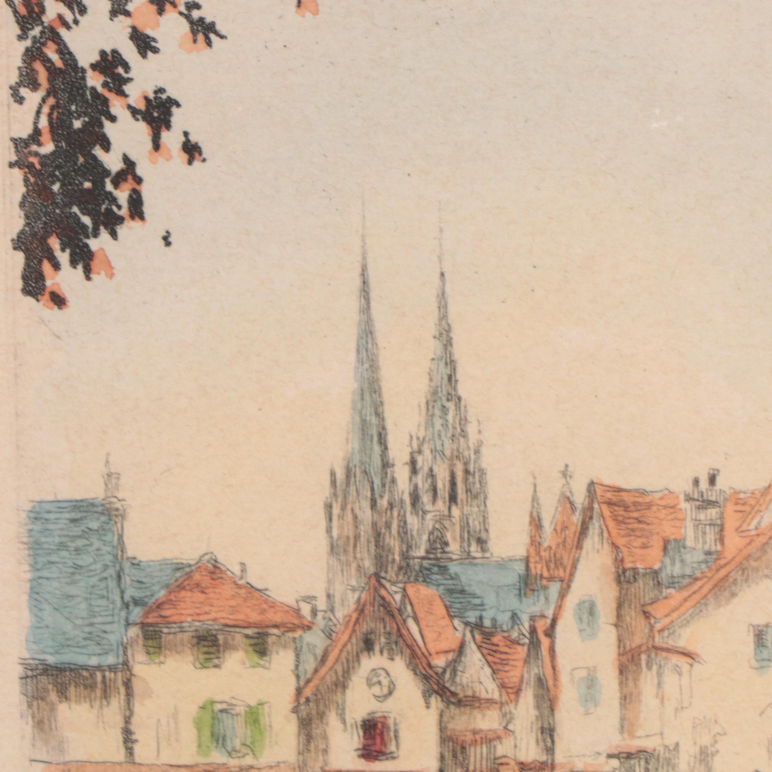 Henri Le Riche Etching With Aquatint of Paris Scene