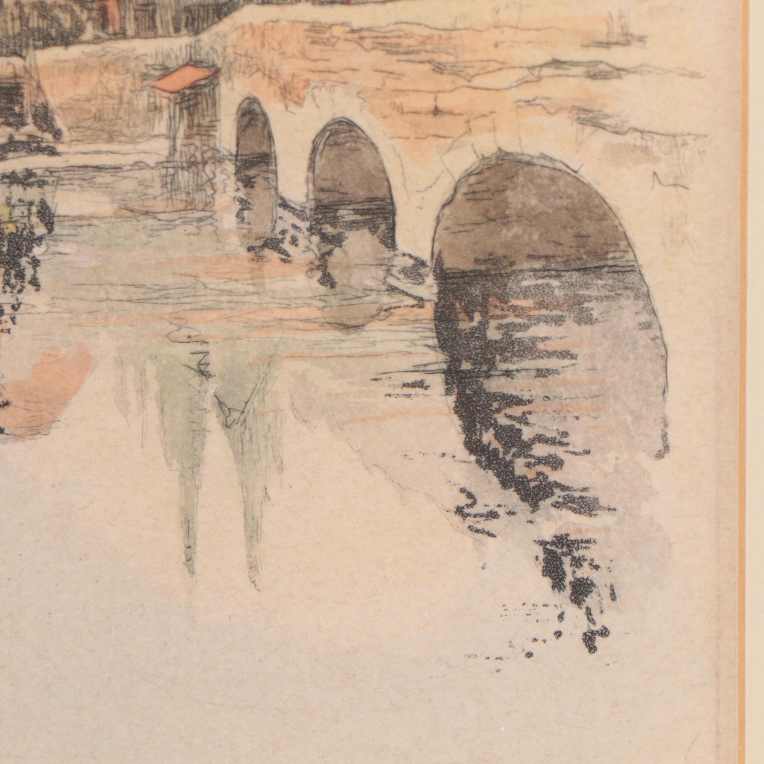 Henri Le Riche Etching With Aquatint of Paris Scene