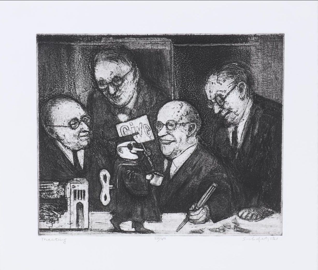 Sidney Chafetz Etching "Meeting," 1963