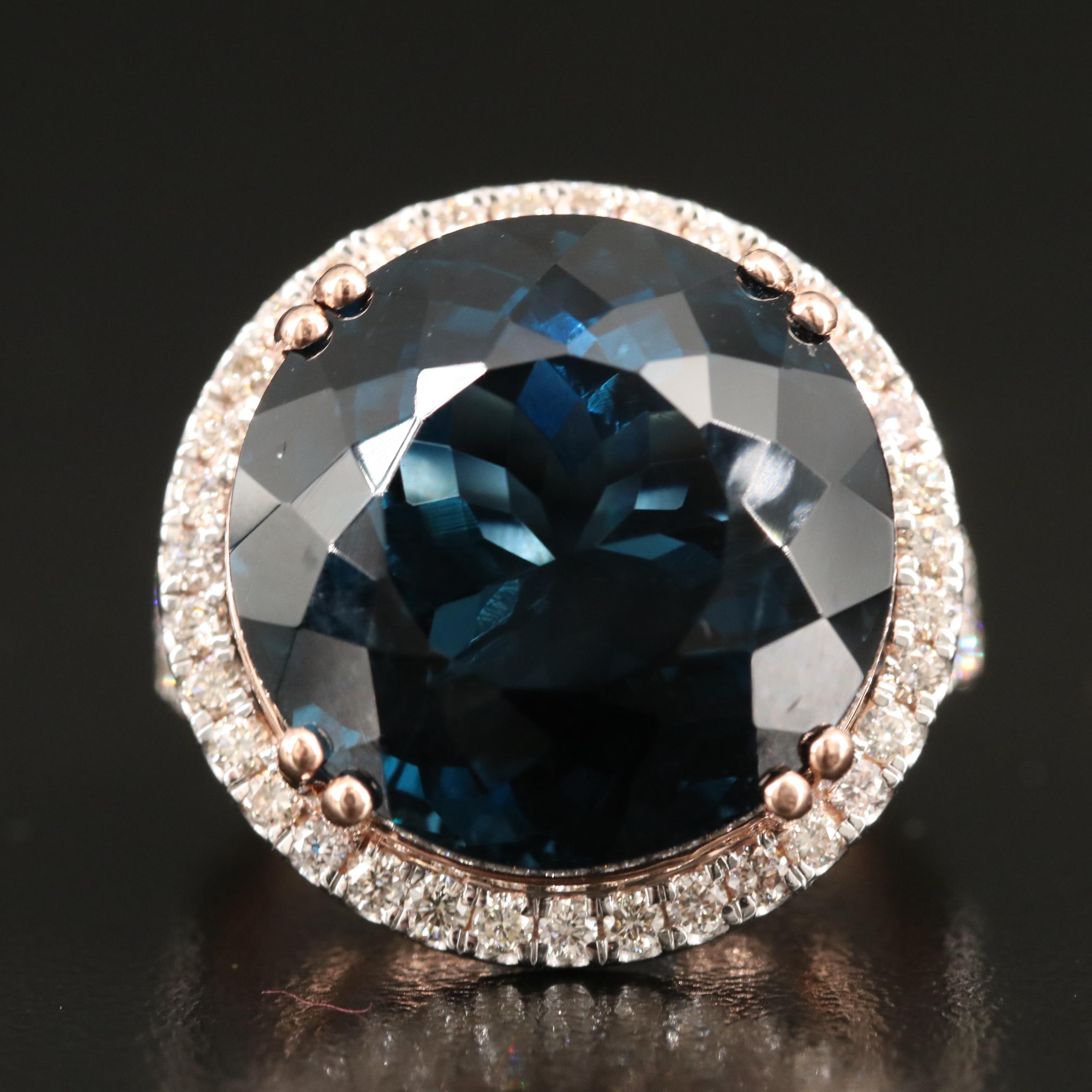 14K 26.70 CT London Blue Topaz and 1.05 CTW Diamond Cathedral Set Ring