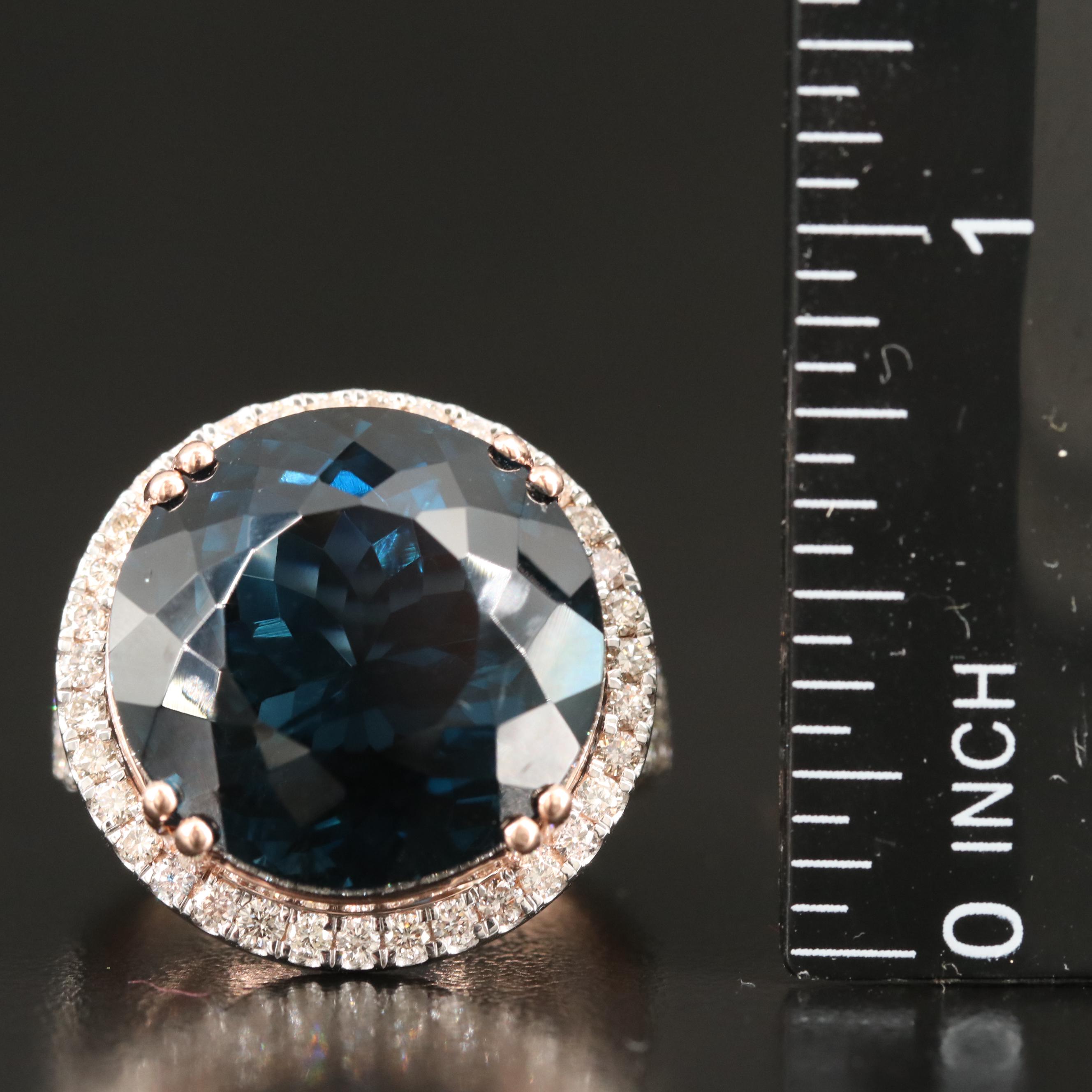 14K 26.70 CT London Blue Topaz and 1.05 CTW Diamond Cathedral Set Ring
