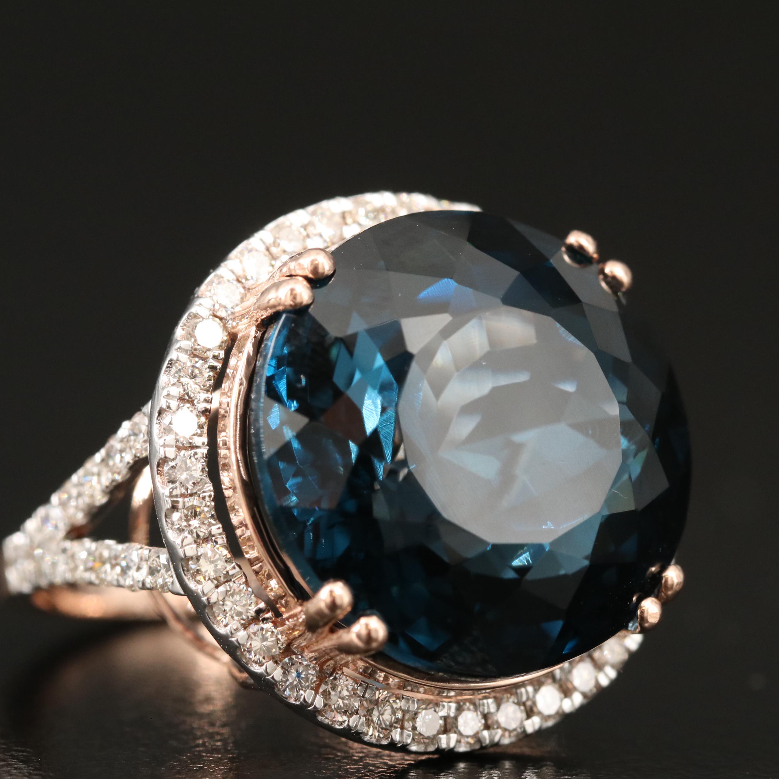 14K 26.70 CT London Blue Topaz and 1.05 CTW Diamond Cathedral Set Ring