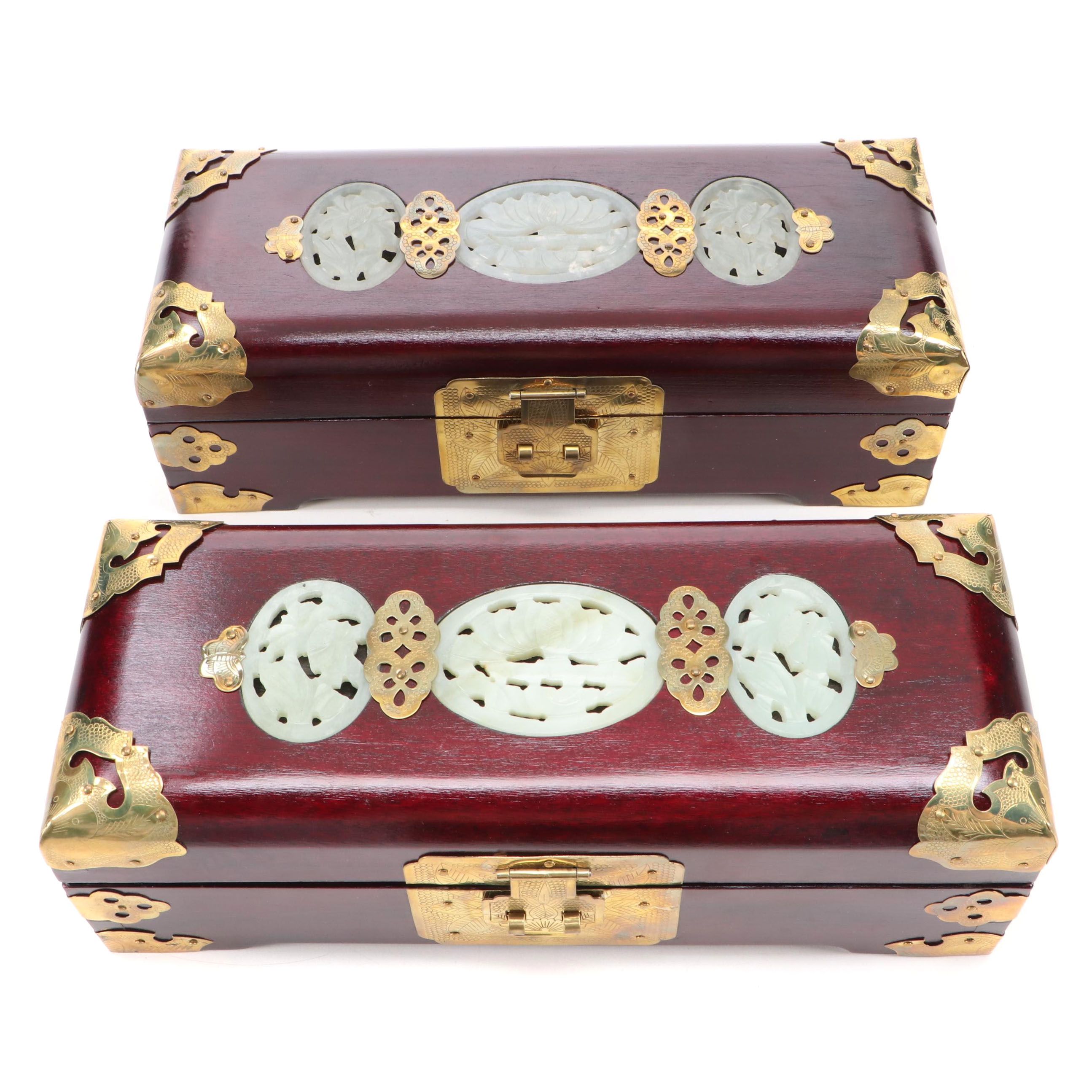 Chinese Carved Serpentine Inlaid Brass Mounted Boxes with Brass Locks