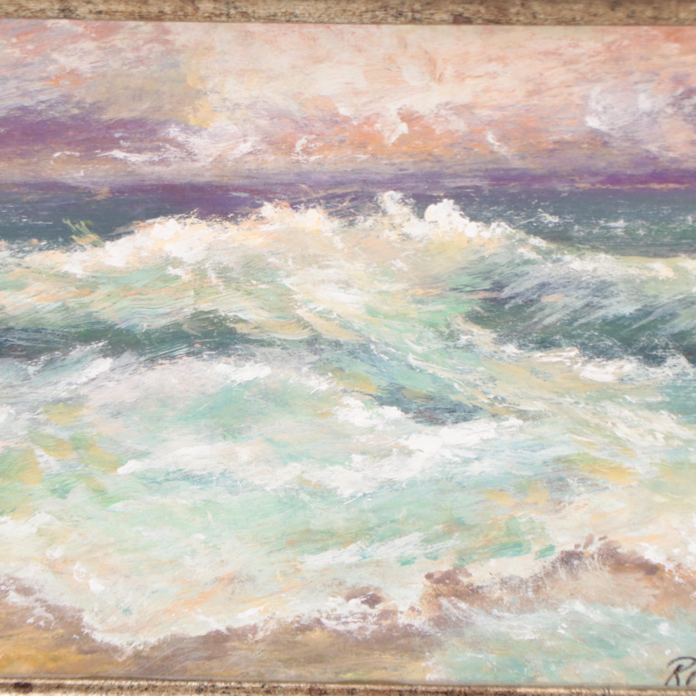 Robert Riddle-Baker Acrylic Painting of Seascape "Wild Wave at Sunset," 2023