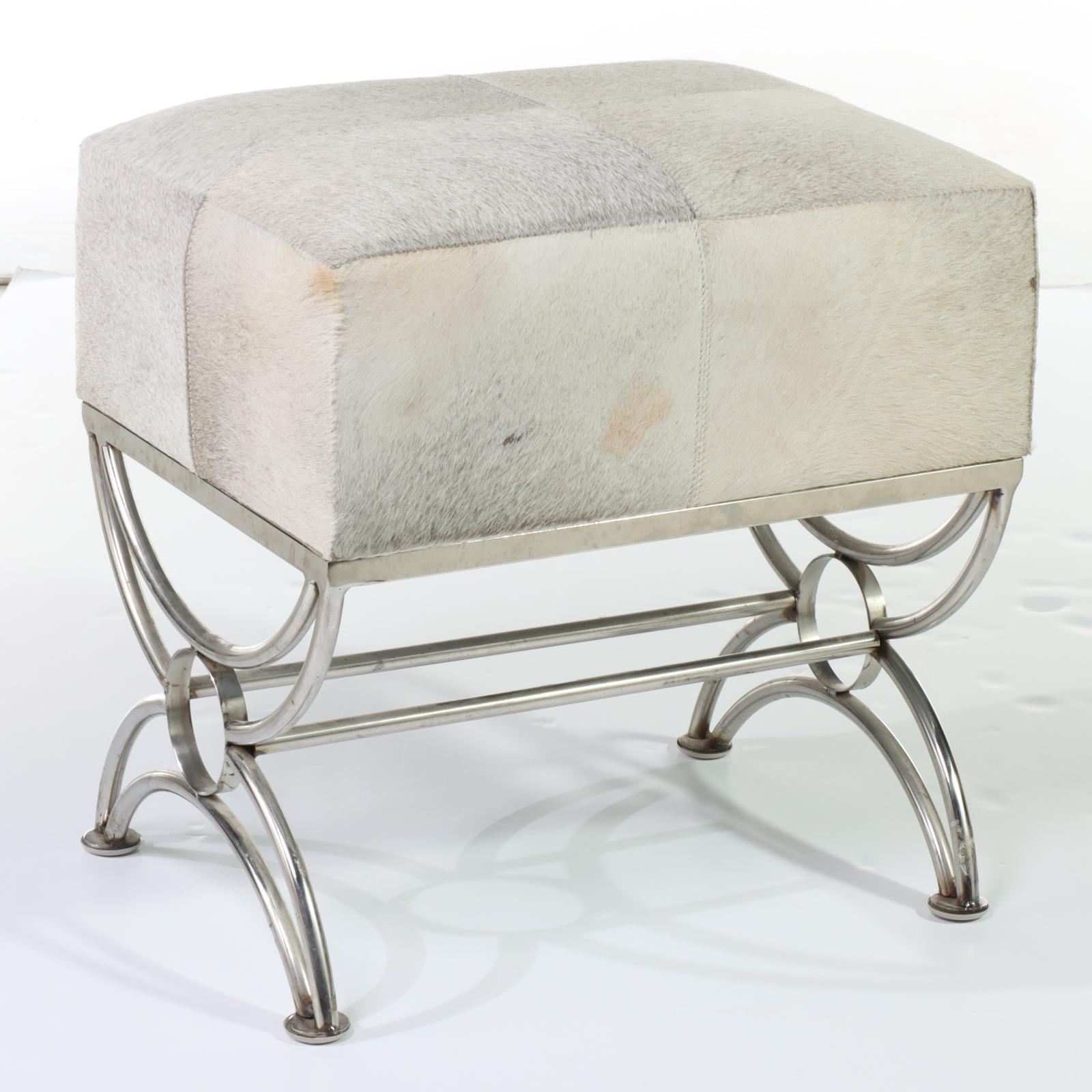 Modernist Style Chrome and Cowhide Stool