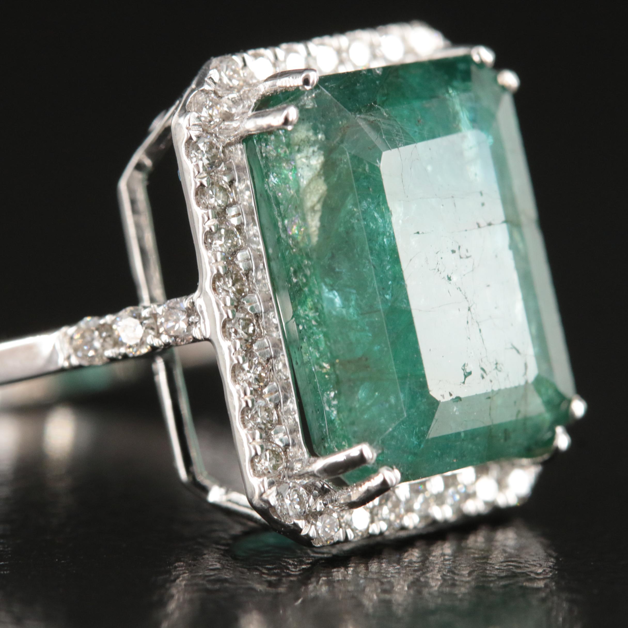 18K 7.94 CT Emerald and Diamond Halo Ring