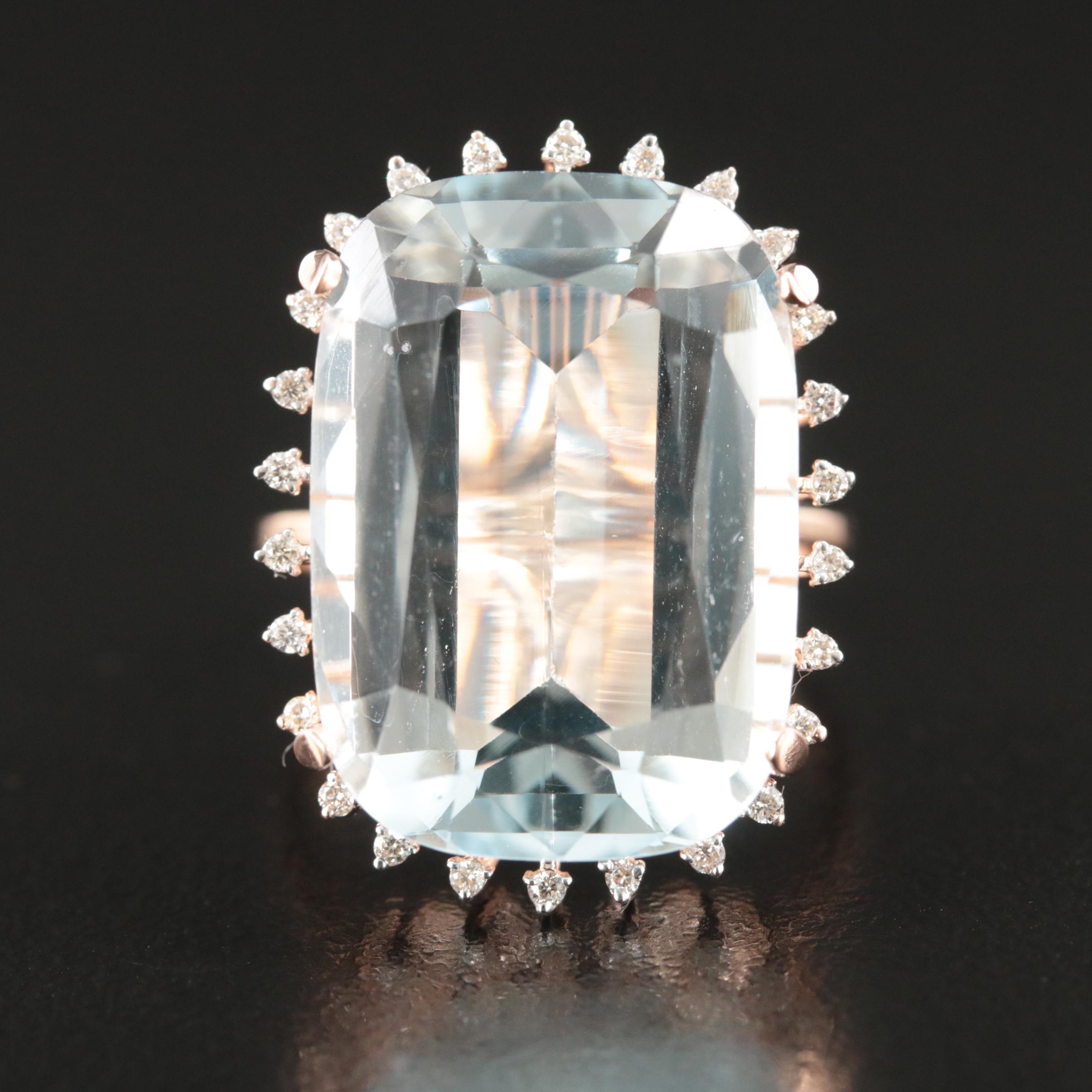 14K Rose Gold 19.25 CT Aquamarine and Diamond Ring
