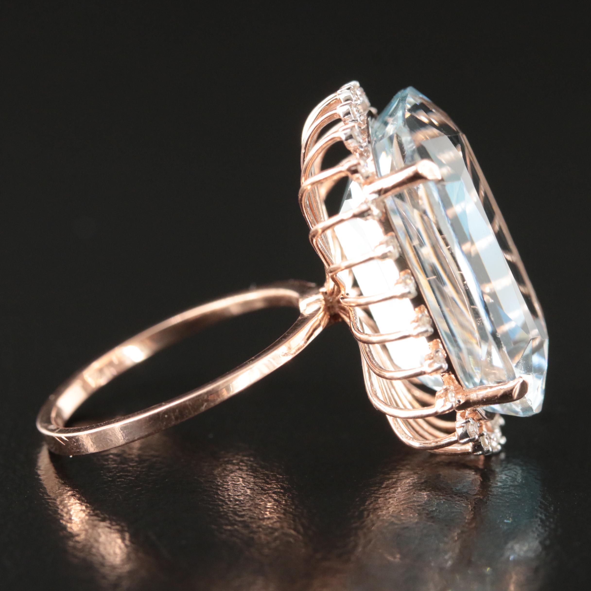 14K Rose Gold 19.25 CT Aquamarine and Diamond Ring