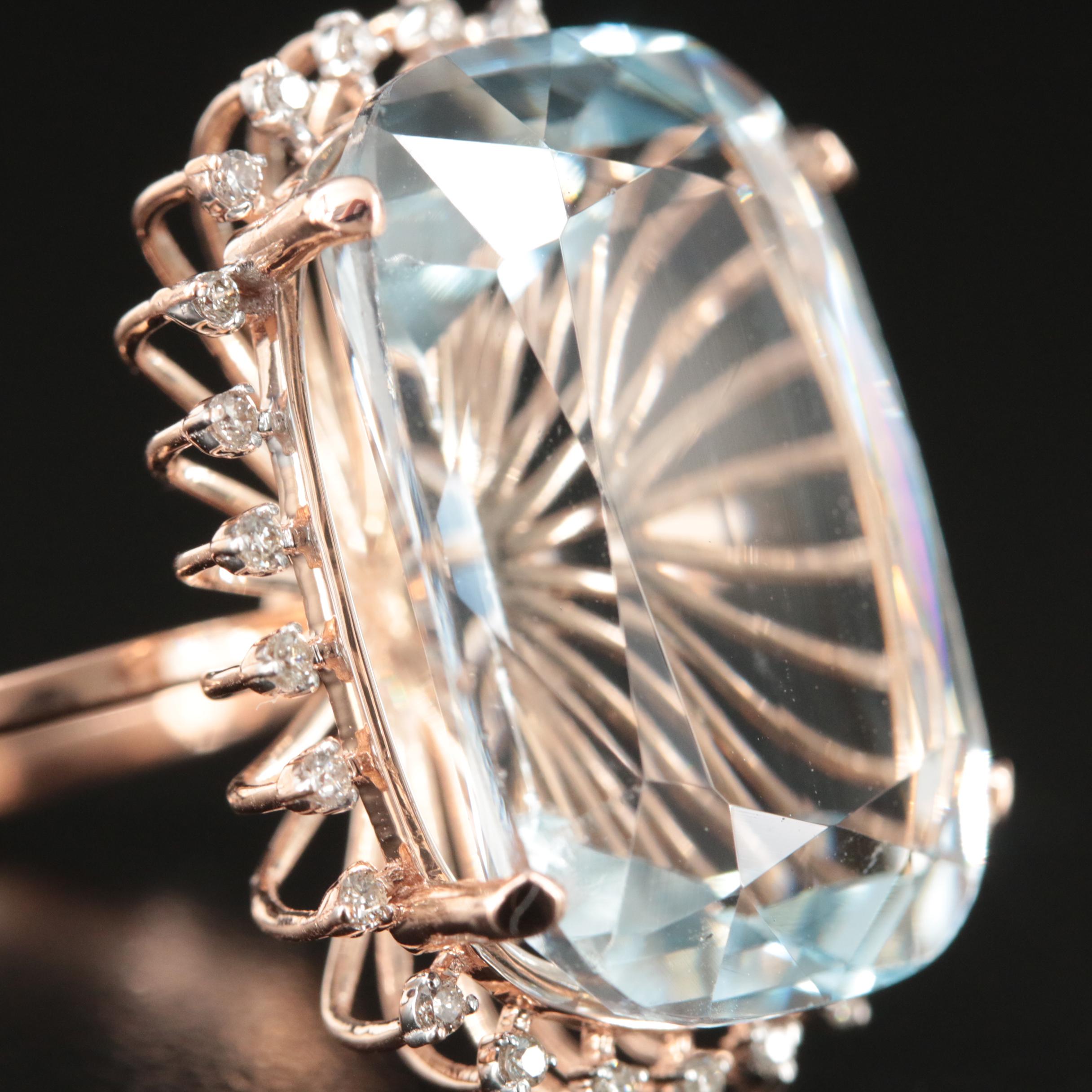 14K Rose Gold 19.25 CT Aquamarine and Diamond Ring