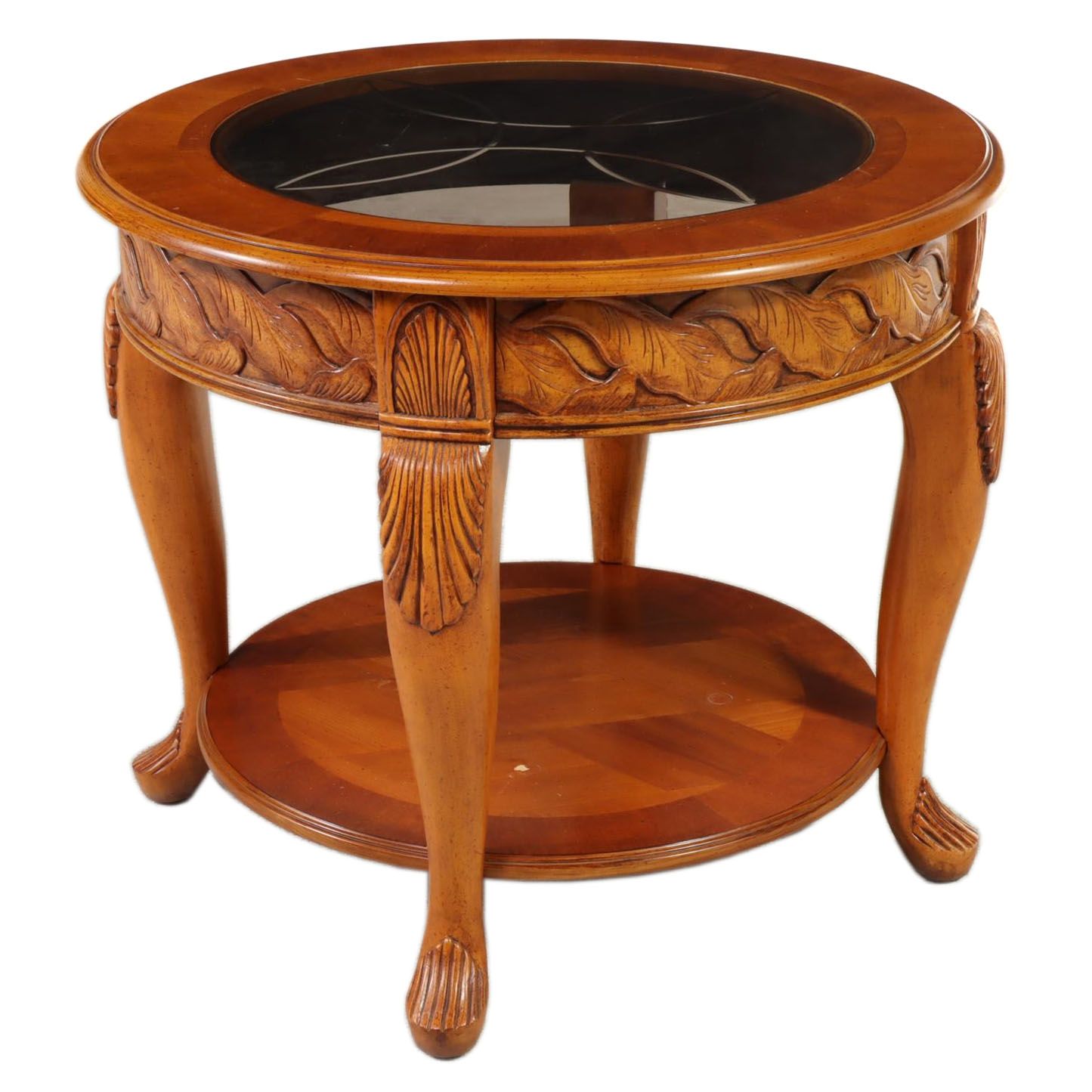 Queen Anne Style Parquetry and Glass Top Two-Tier Side Table
