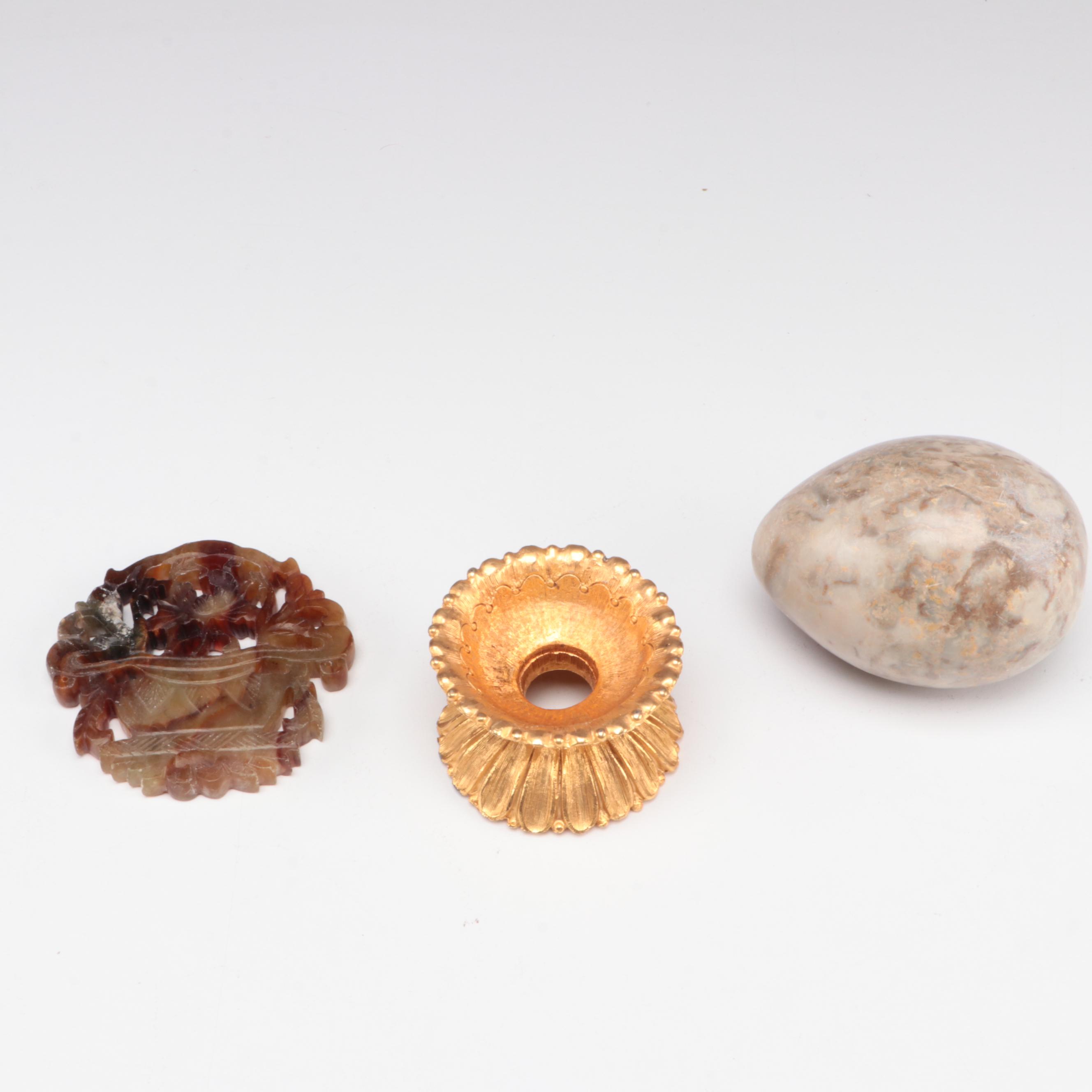 Chinese Carved Serpentine Flower Vase Medallion with Soapstone Figure and More