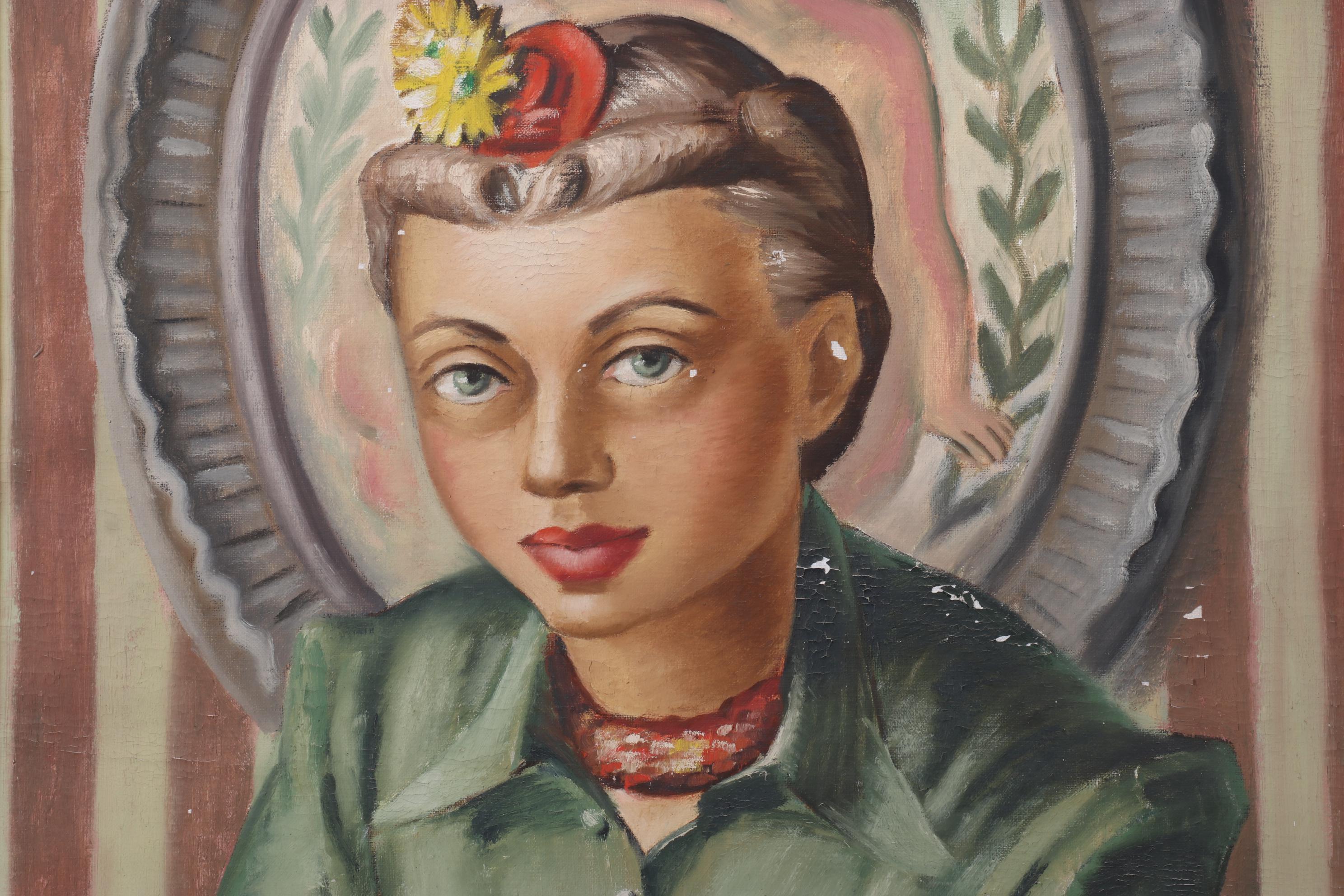Adelaide Briggs Portrait Oil Painting of Woman in Green, Mid-20th Century