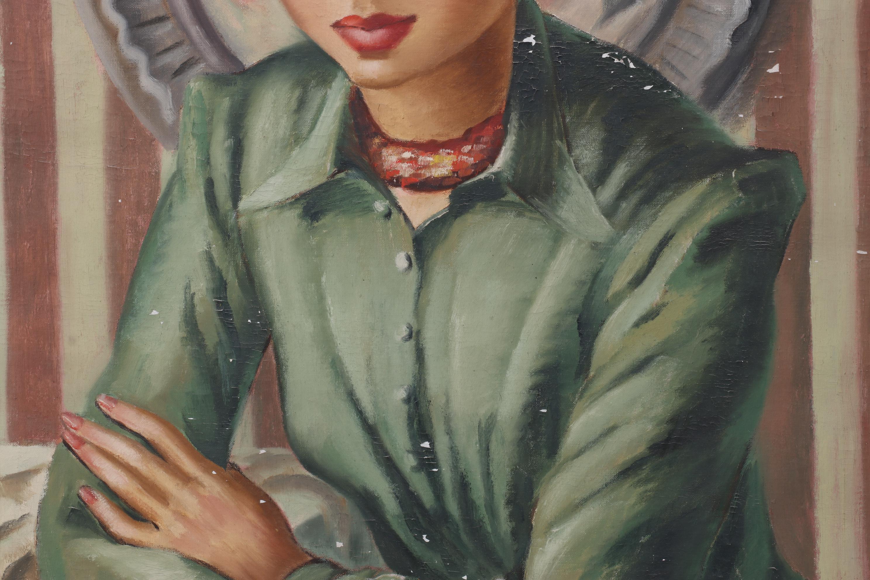 Adelaide Briggs Portrait Oil Painting of Woman in Green, Mid-20th Century