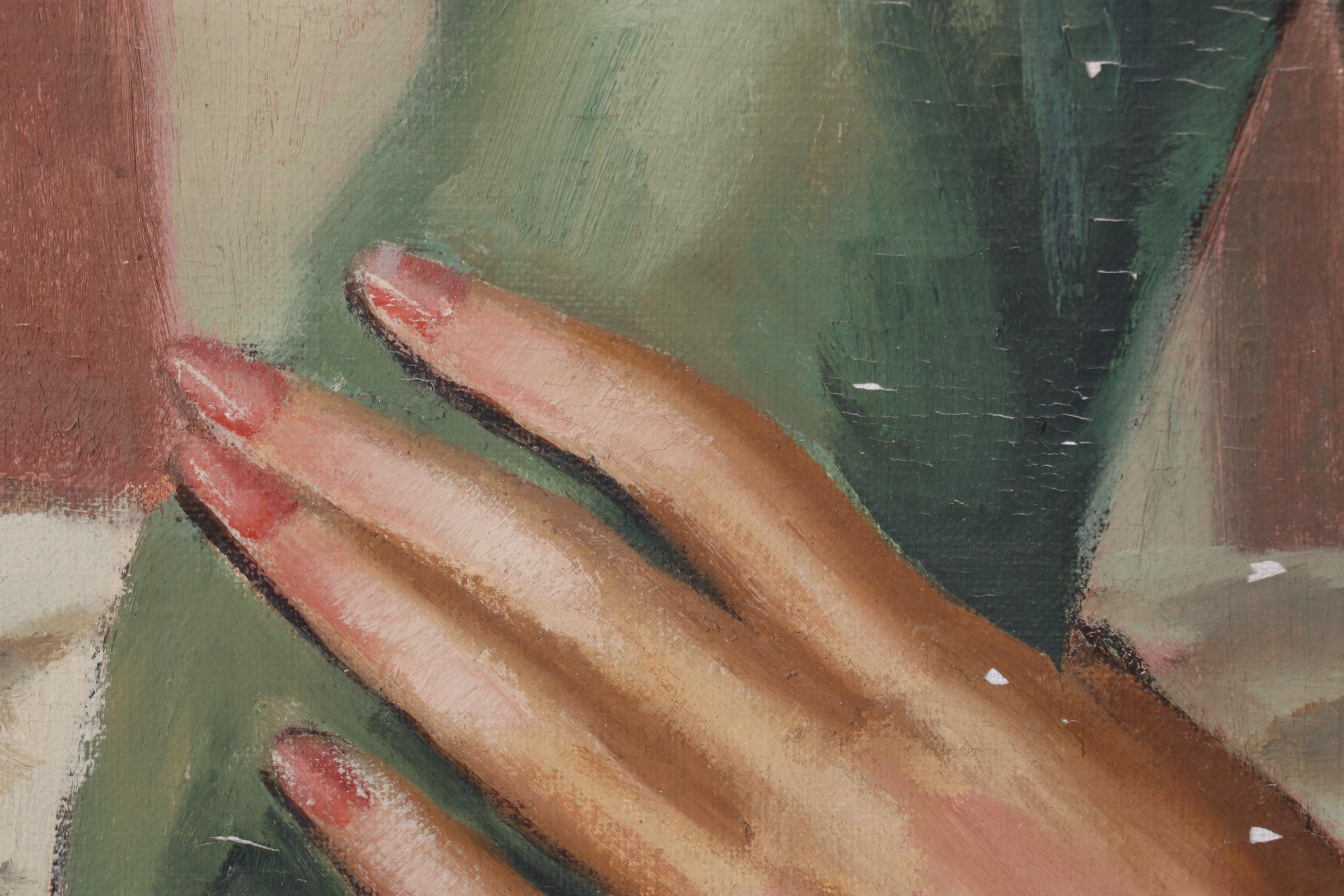 Adelaide Briggs Portrait Oil Painting of Woman in Green, Mid-20th Century