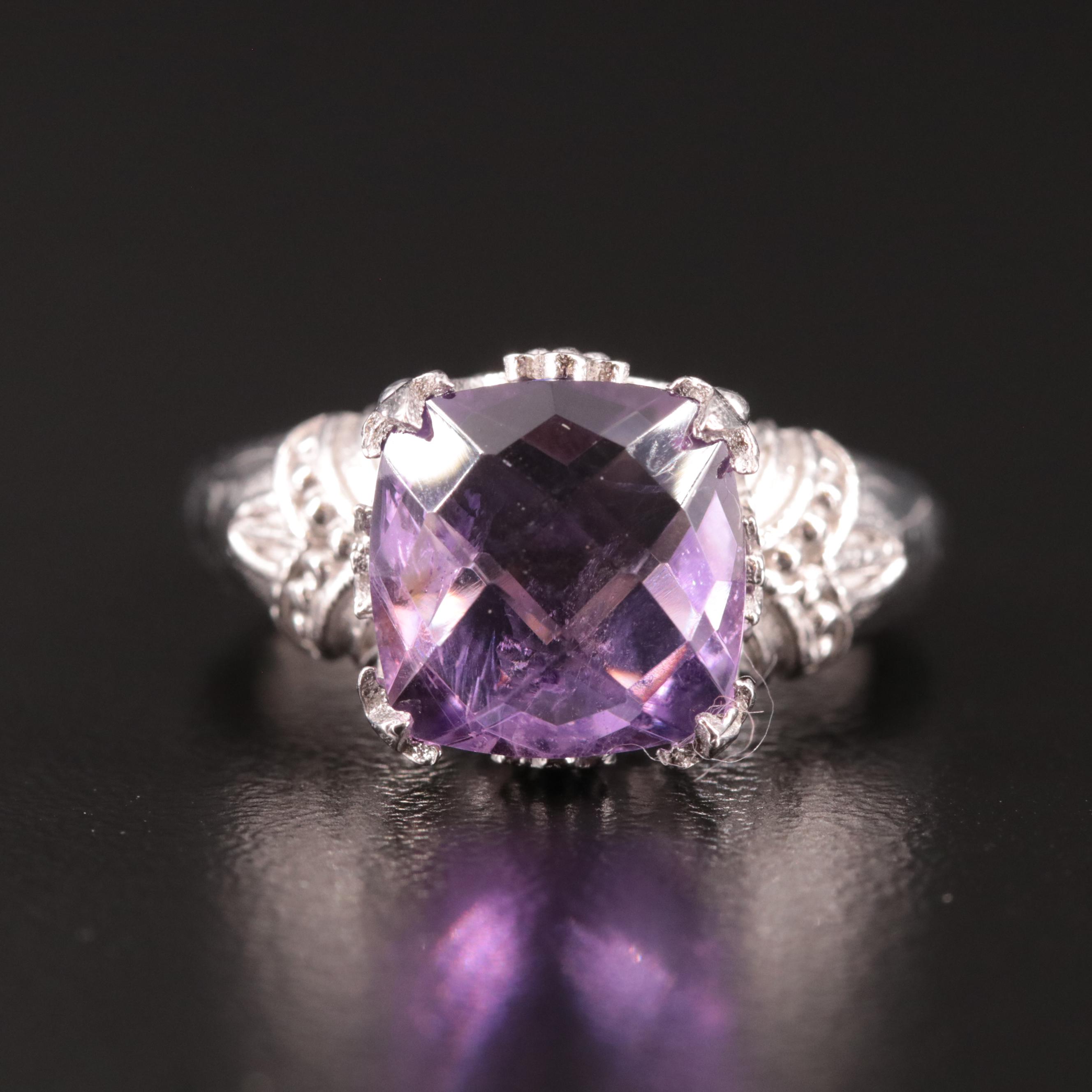 Sterling Amethyst Solitaire Ring with Textured Accents